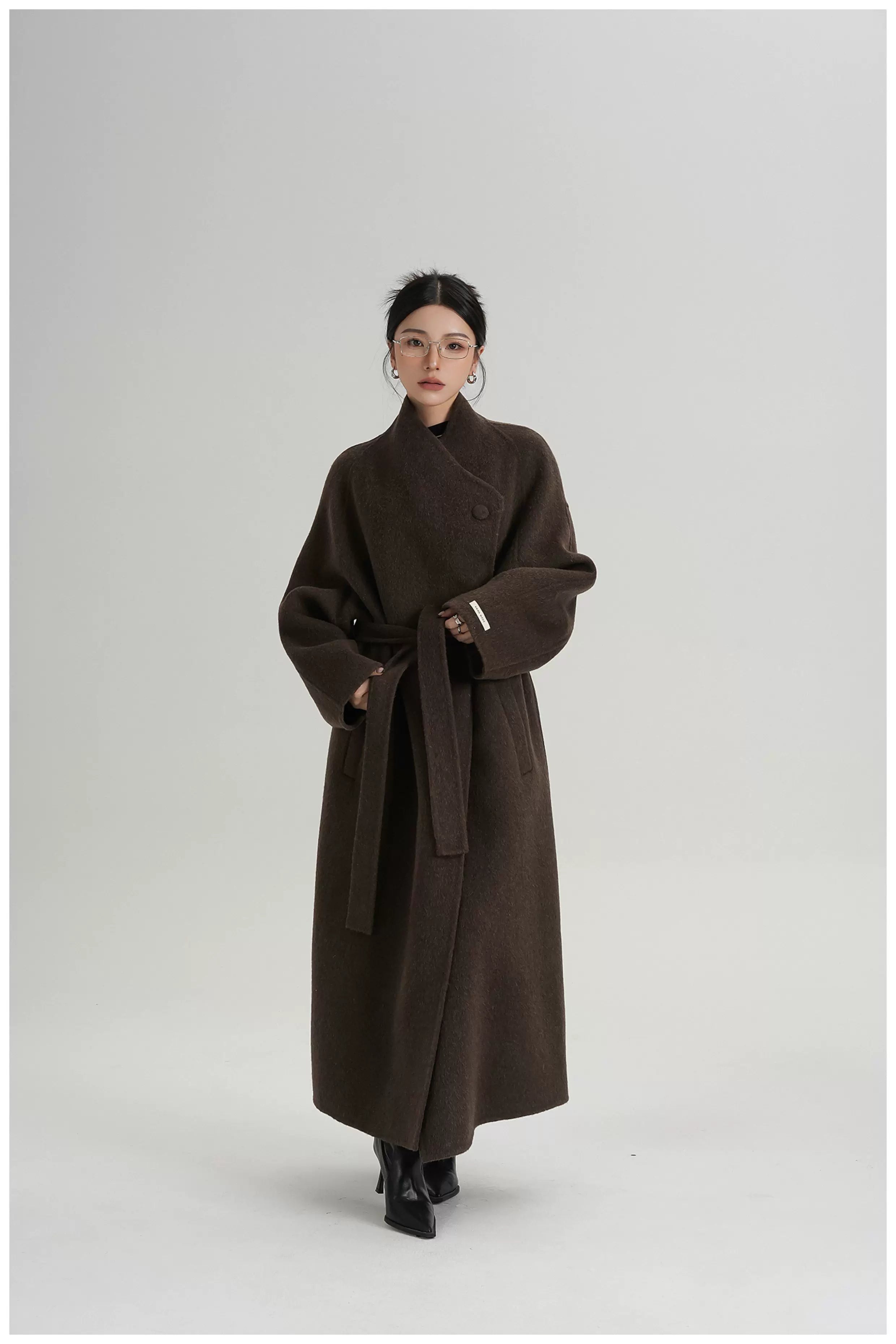 Asymmetric Button Long Wool Coat
