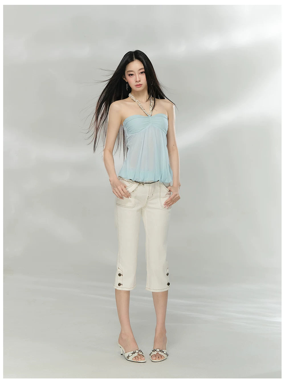 Sheer Double-Layer Mesh Halter Backless Top
