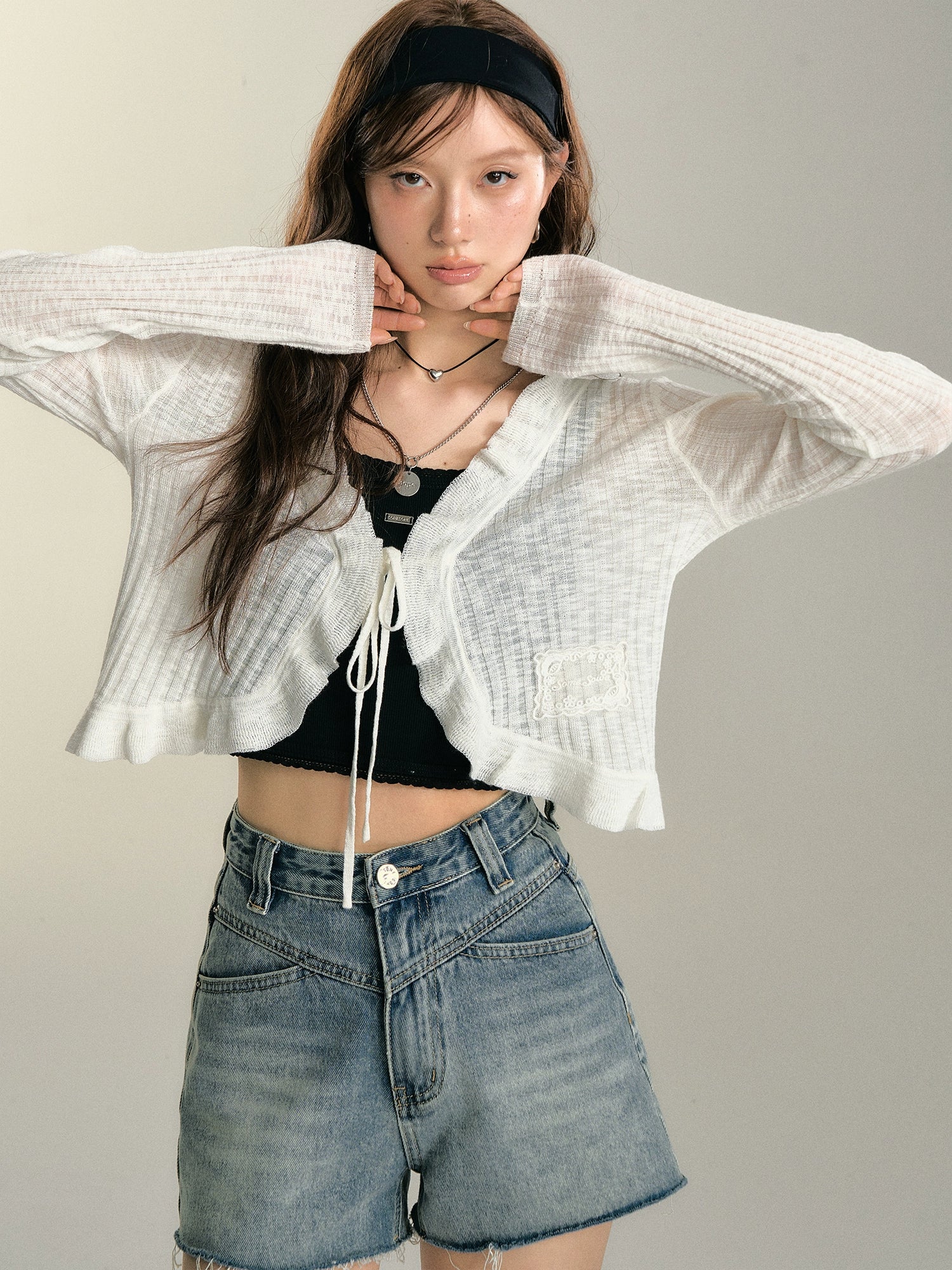 White Ruffle Edge Tie-front Cardigan - CHINASQUAD