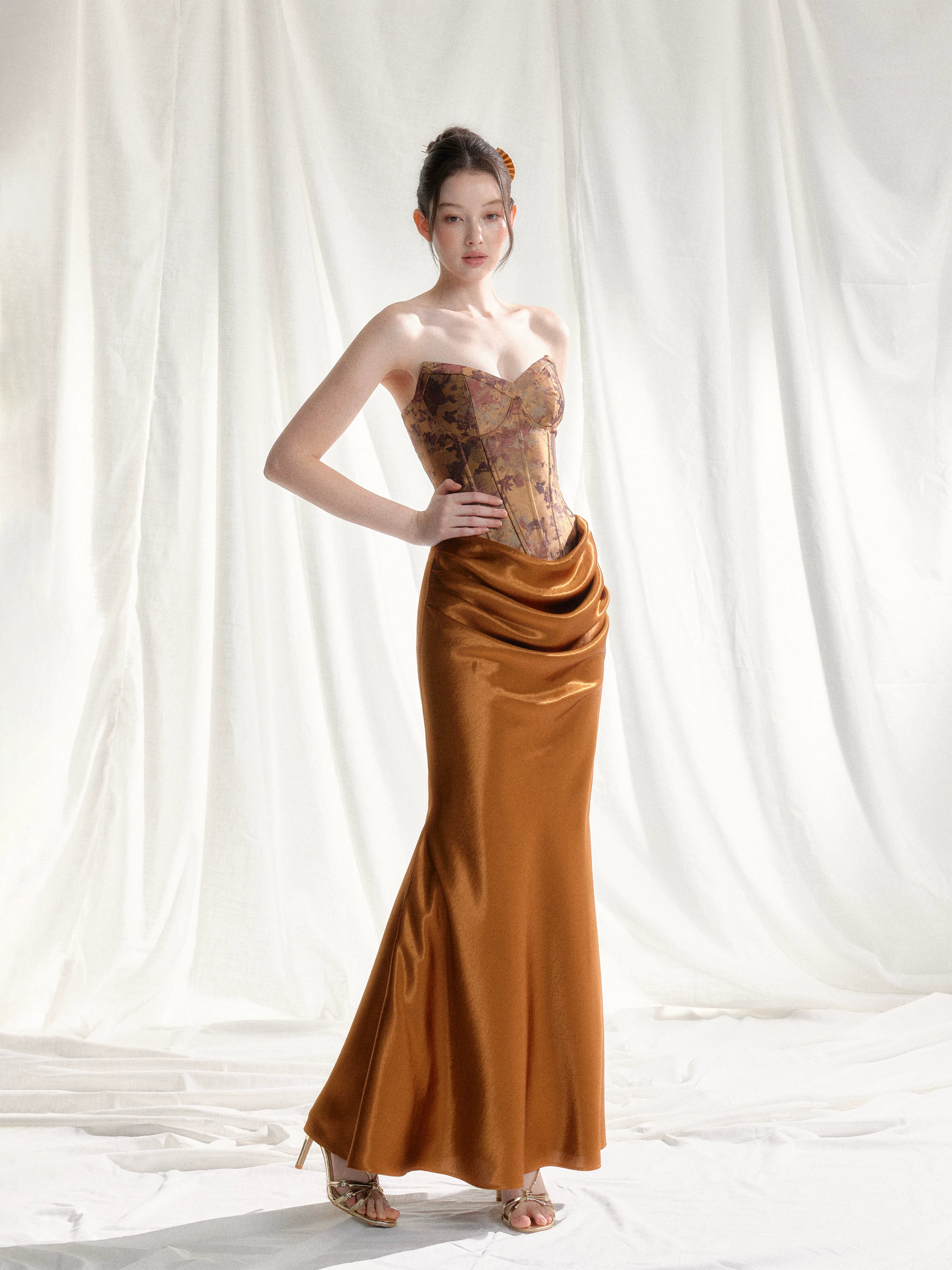 Jade Whisper Jacquard Corset Satin Evening Gown