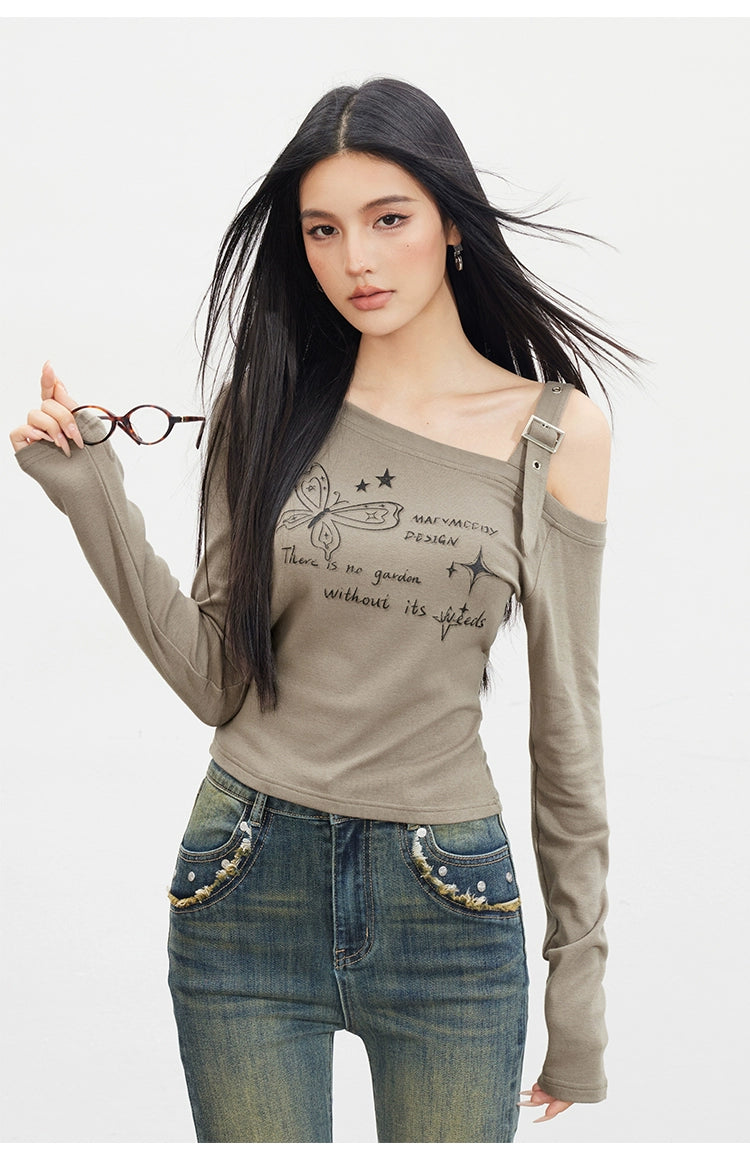 Butterfly Cold-Shoulder Long-Sleeve T-shirt - CHINASQUAD