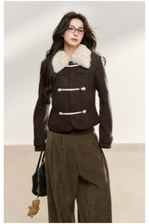 Brown Wool-Blend Toggle Cropped Jacket - CHINASQUAD
