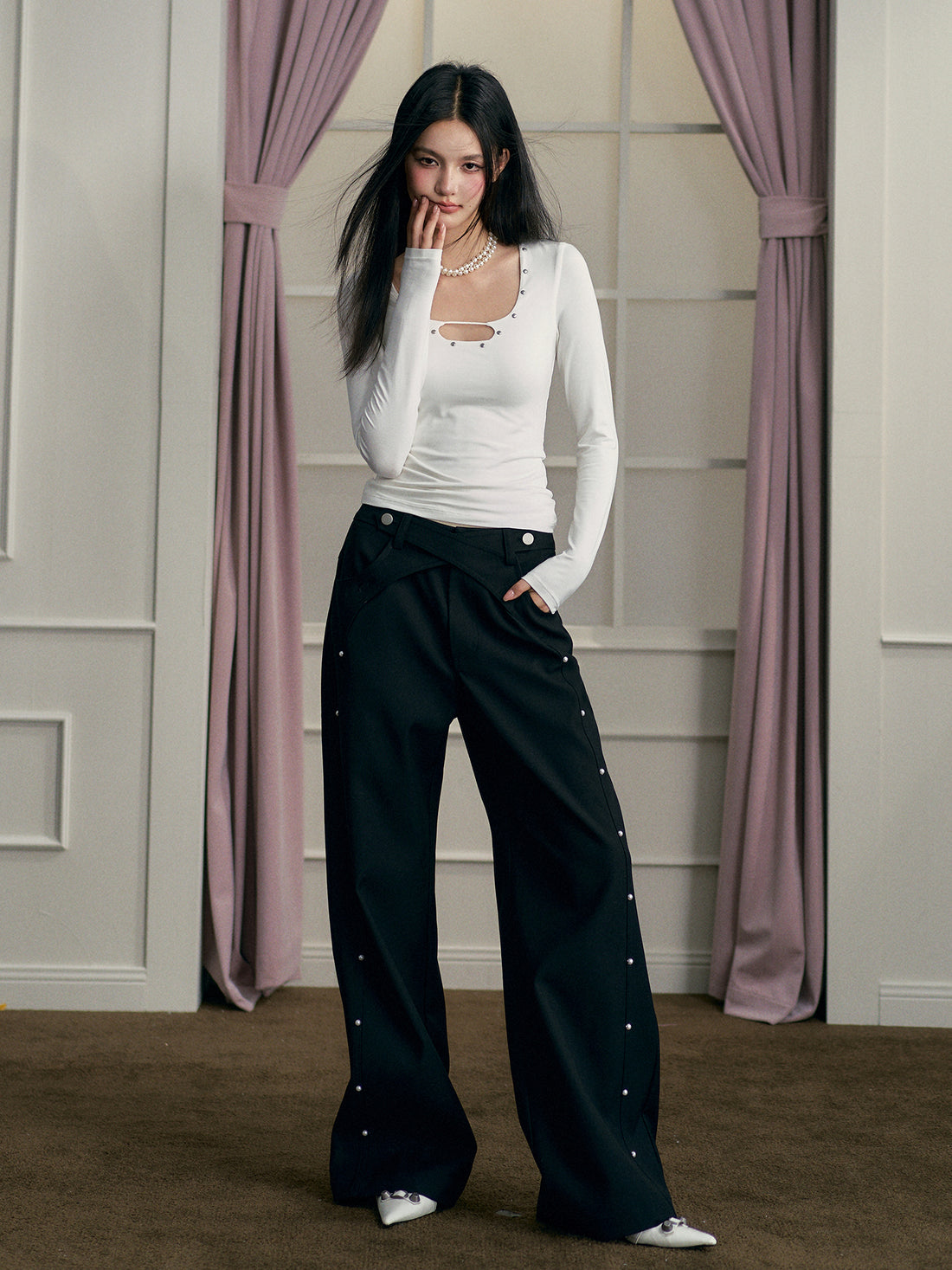 Black Bead-Embellished Wide-Leg Pants - CHINASQUAD