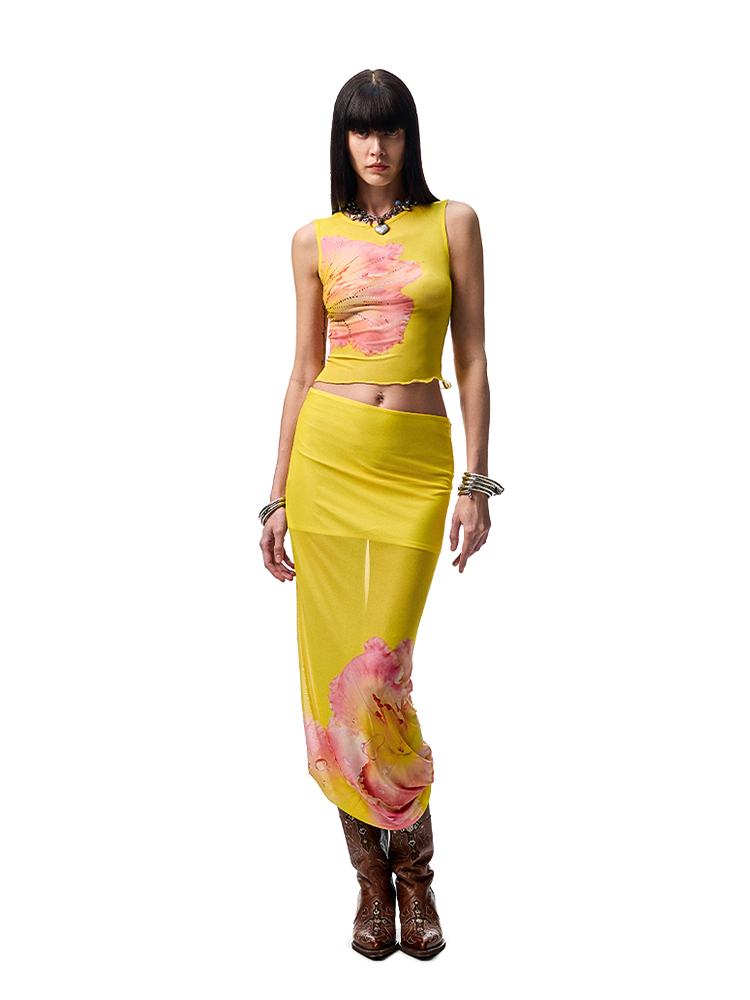 Floral Print Rhinestone Mesh Vest - CHINASQUAD