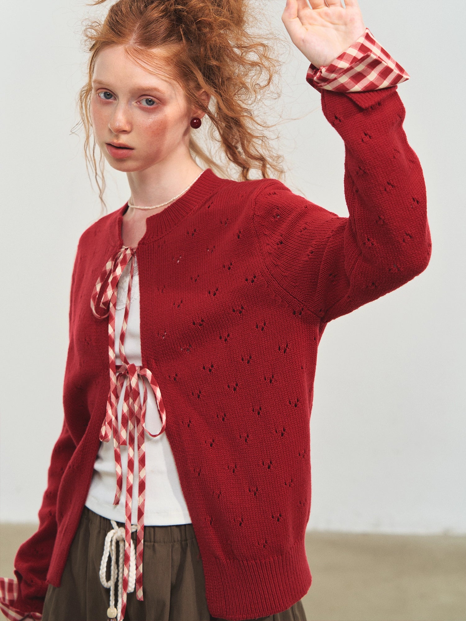 Vintage Plaid Tie-Front Cardigan - CHINASQUAD