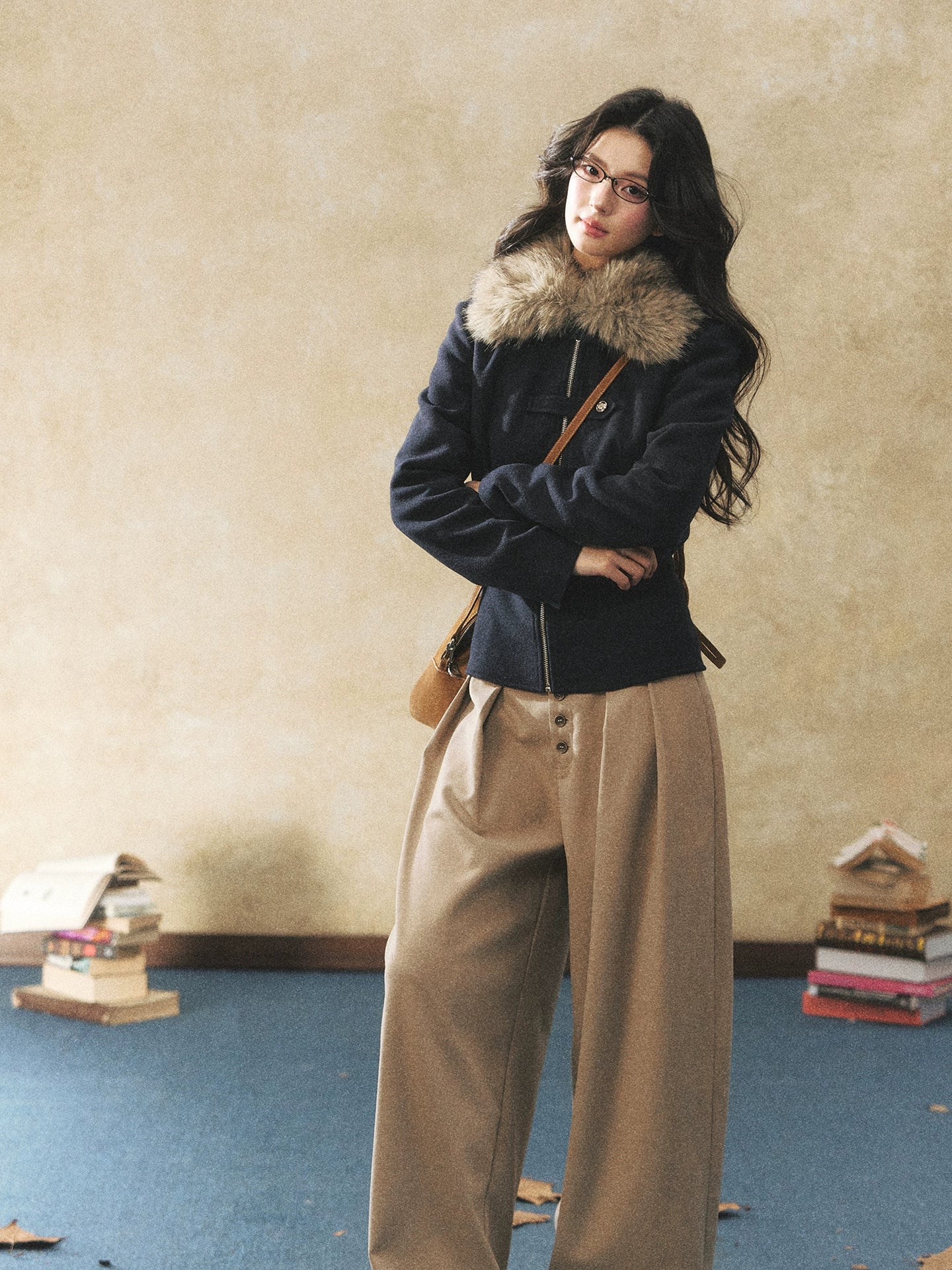 Fur Collar Waist-Defined Wool-Blend Jacket