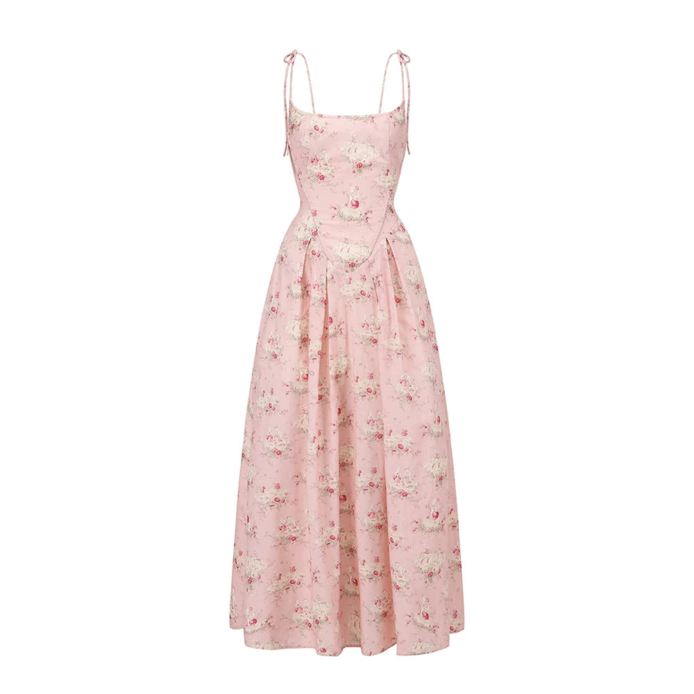 French Sweet Floral Corset Slip Pink Dress