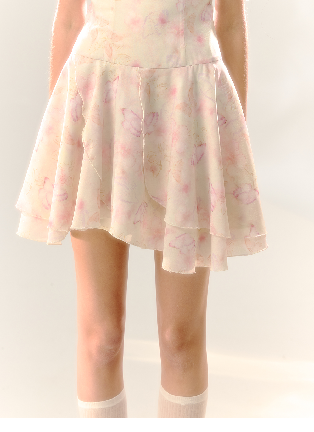 White Butterfly Print Cinched Waist Dress - CHINASQUAD