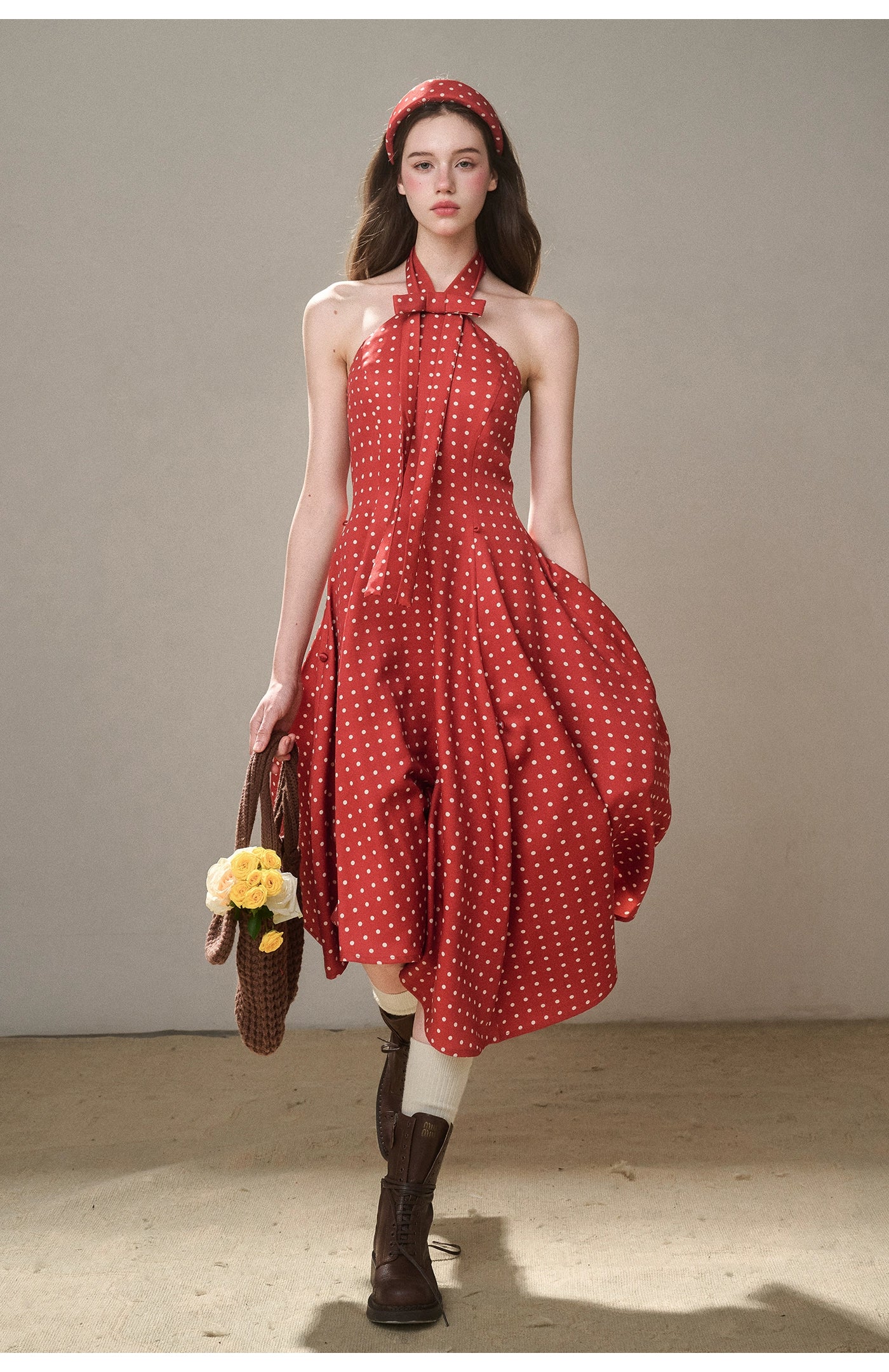 Berry Bordeaux Red Halter Dress - CHINASQUAD