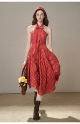 Berry Bordeaux Red Halter Dress - CHINASQUAD