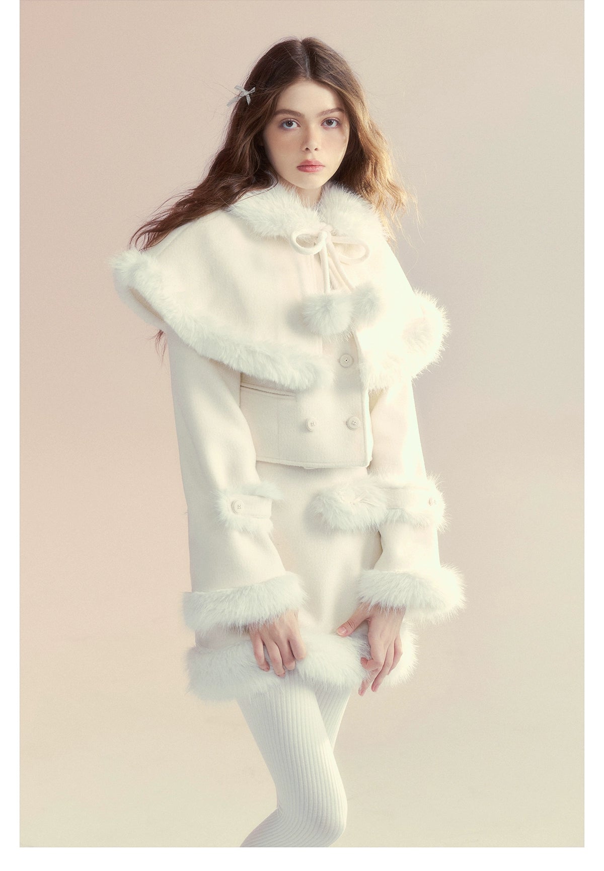 Beige Wool Collar Cape Coat & Skirt Set - CHINASQUAD