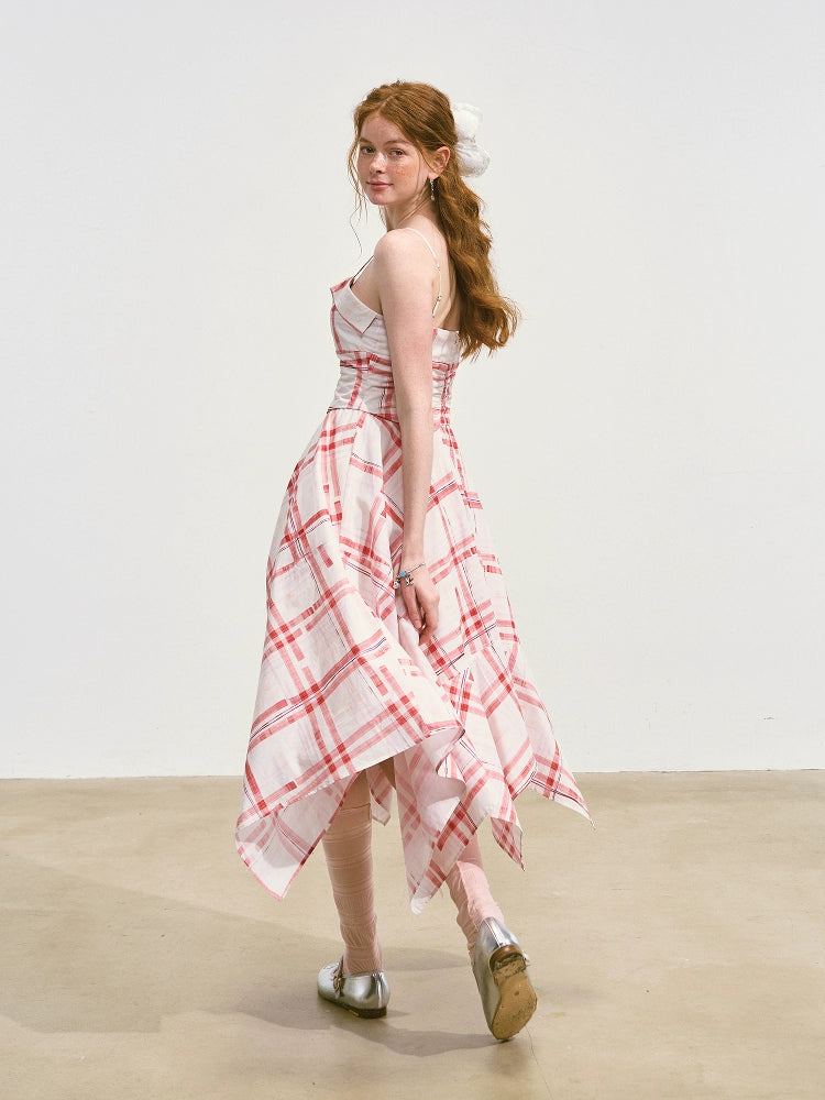 Plaid Irregular Waist-Cinching Spaghetti Strap Dress - CHINASQUAD