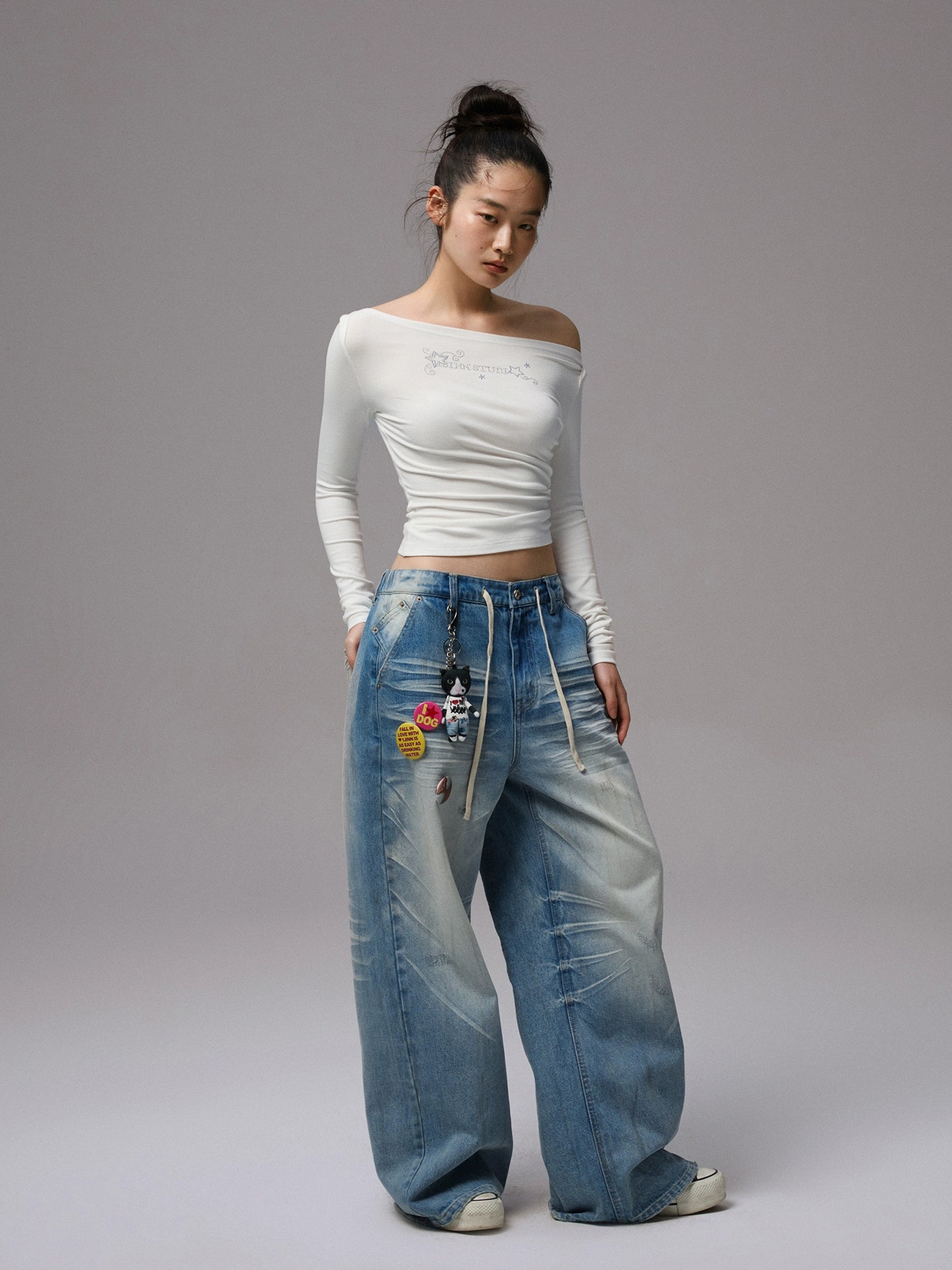 Rhinestone One-Shoulder Long-Sleeve T-Shirt - CHINASQUAD