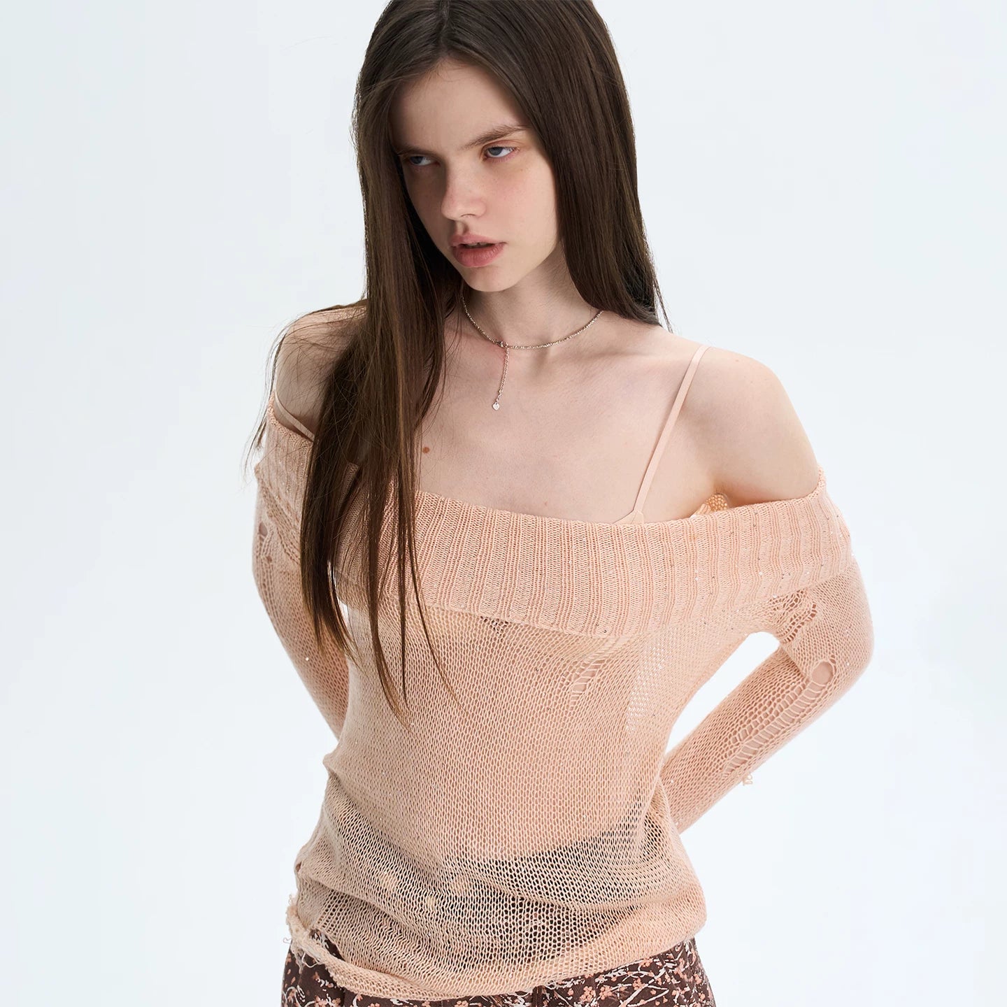 Off-Shoulder Sequin Cut-Out Knit Top
