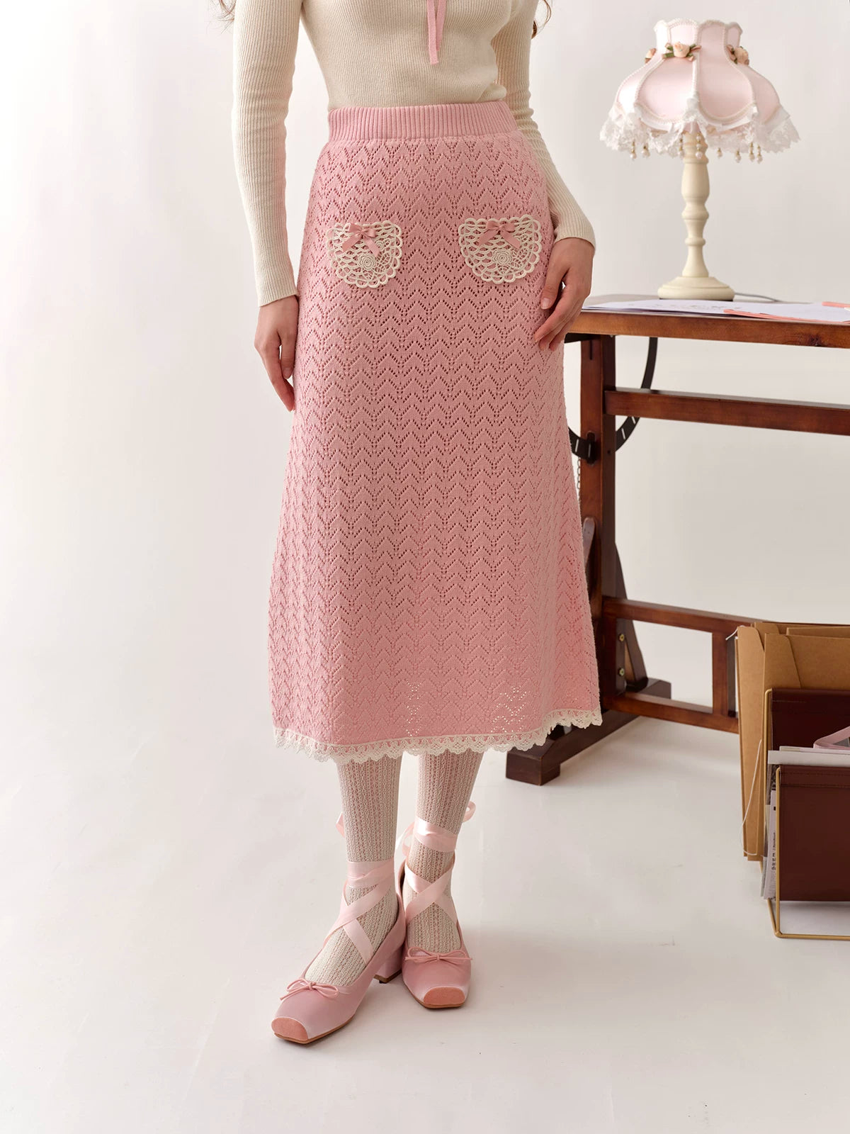 Collegiate White Mock-Neck Knit Top & Skirt Set