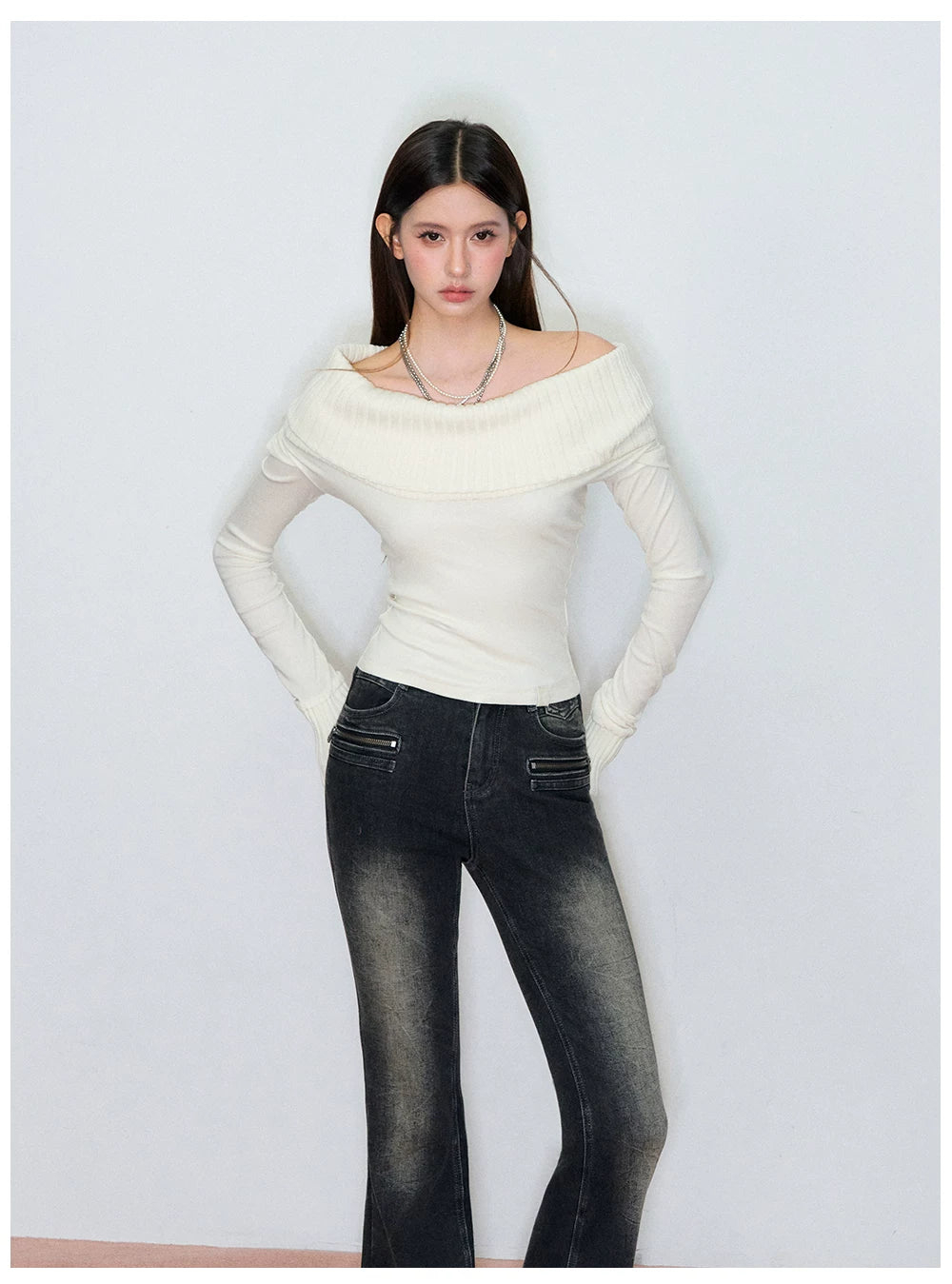 Draped Cowl-Neck Patchwork Knit Sweater