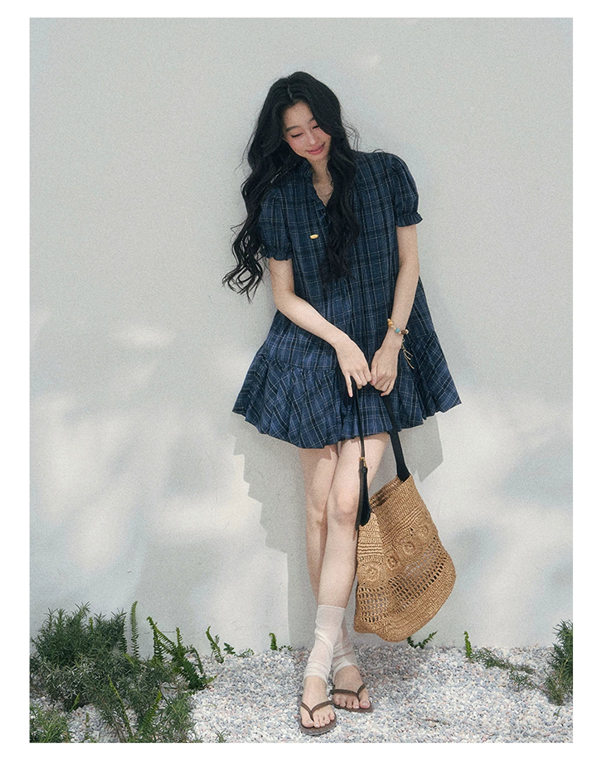 French Plaid Puff Sleeve Mini Dress