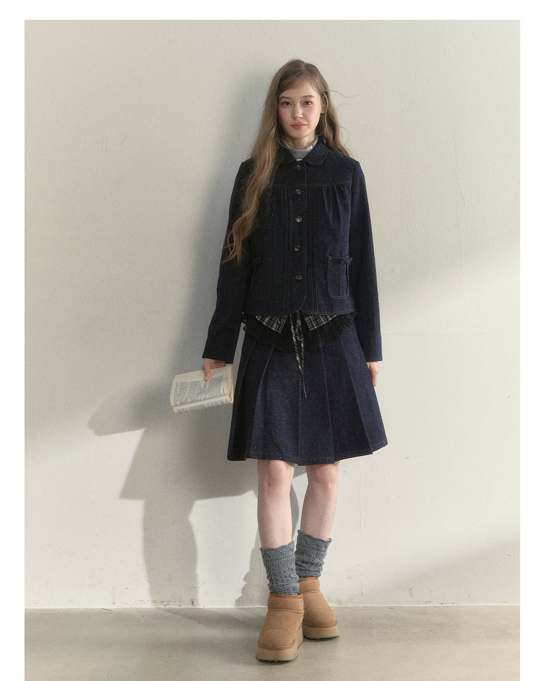 Polka-Dot Denim Quilted Jacket & Skirt Set