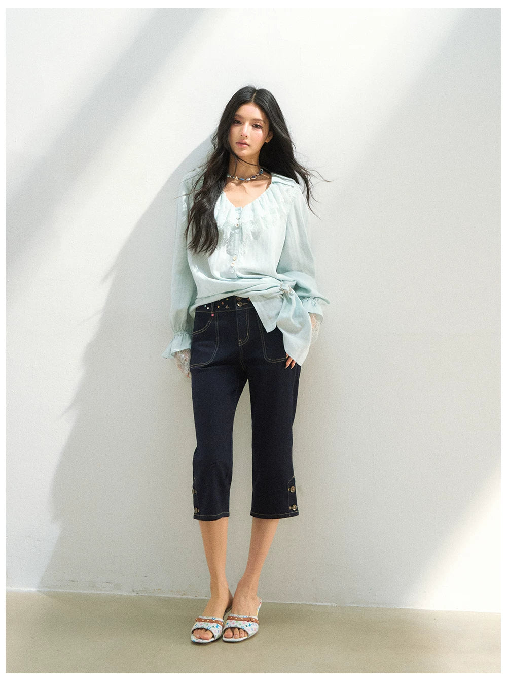 Lace Trim Relaxed Lyocell Blouse