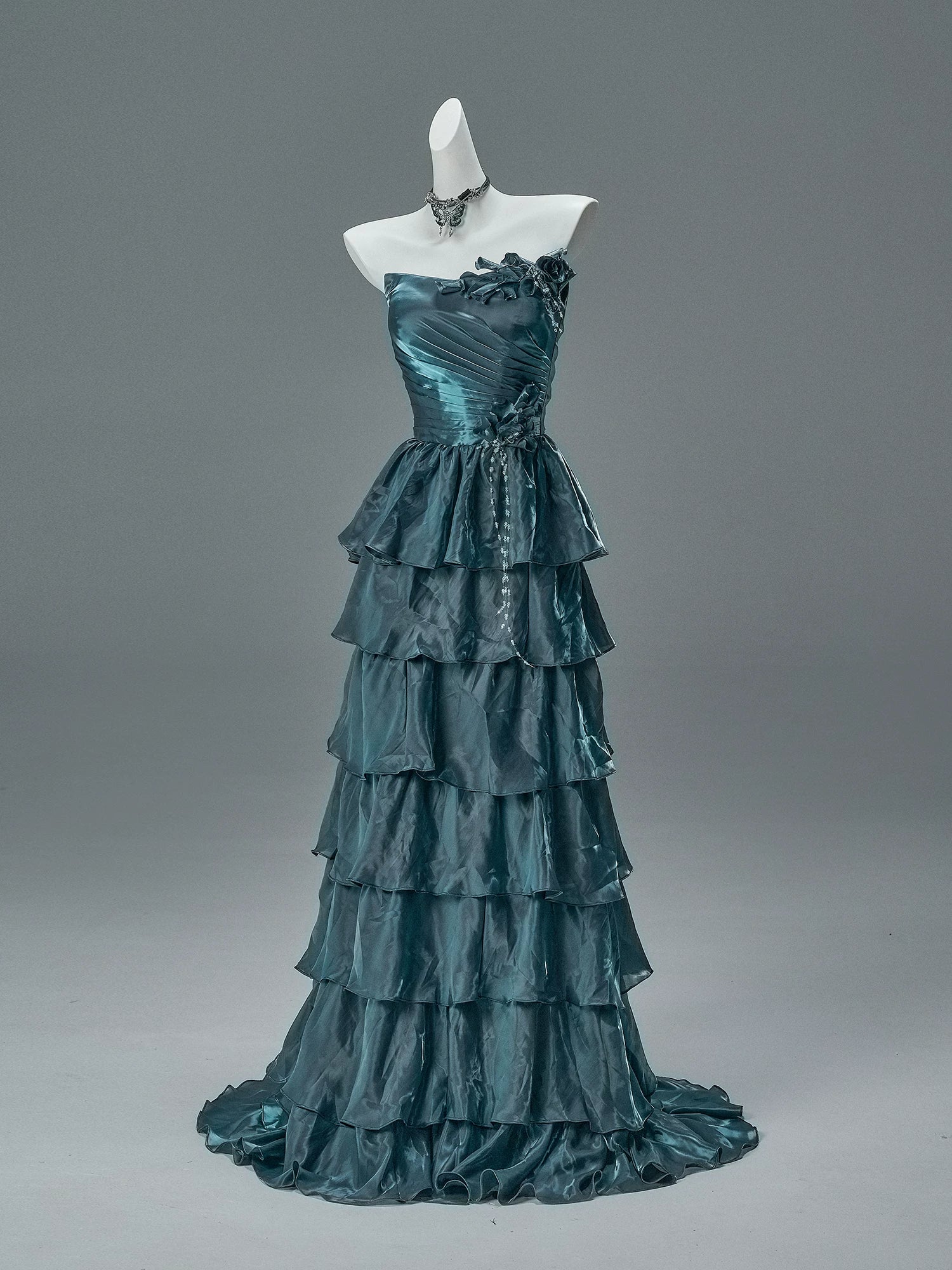 Bengi Midnight Teal Tiered Couture Gown