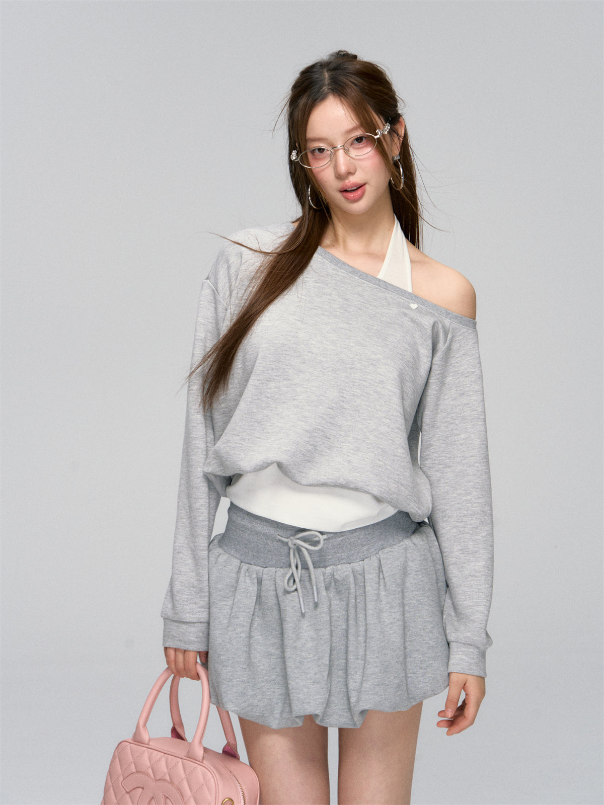 Gray Sporty Slanted Sweatshirt & Skirt Set - CHINASQUAD