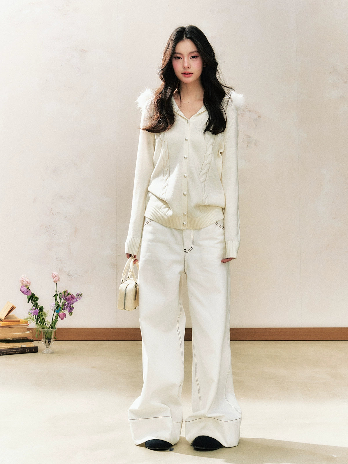 White Hooded Sweater Inner Fitted Knit Cardigan - CHINASQUAD