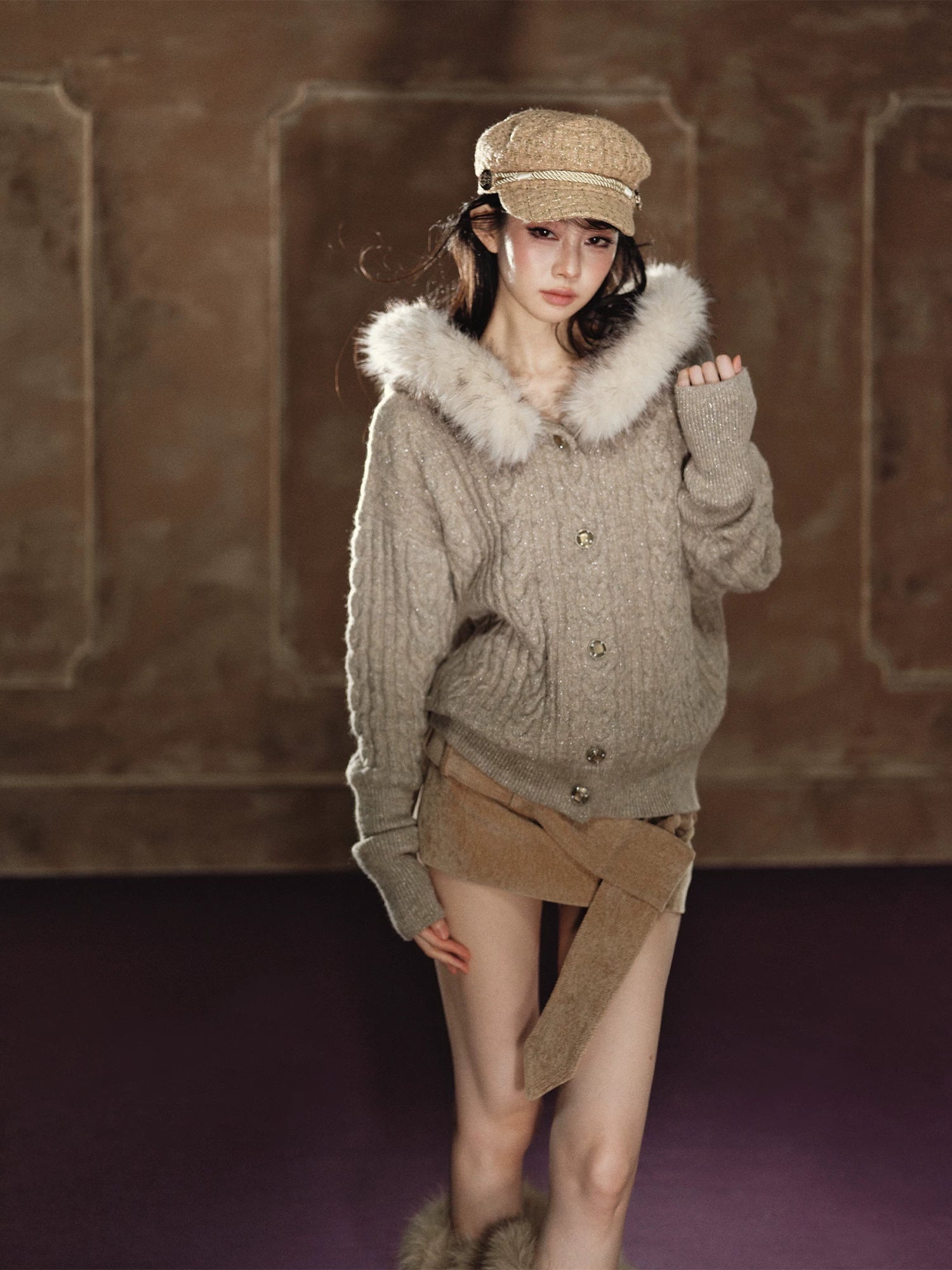 Shimmer Cable-Knit Hooded Cardigan