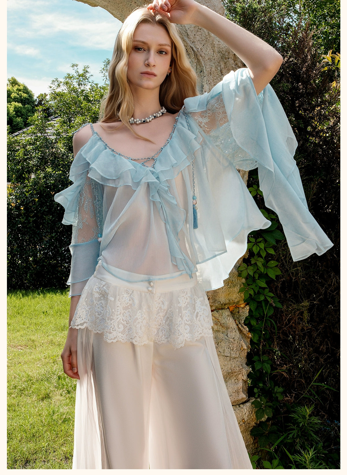 Layla Lace Ruffle Chiffon Wide-Leg Pants