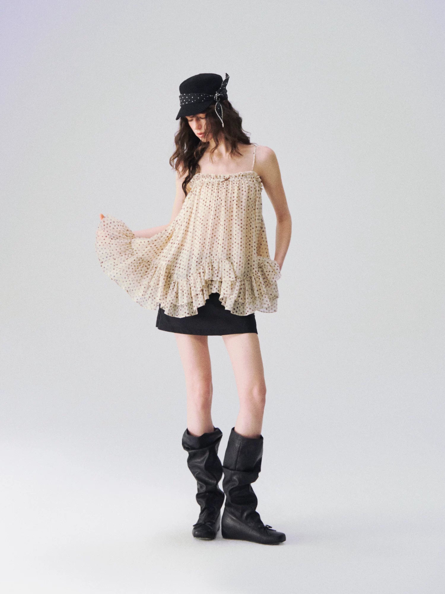 Sheer Polka Dot Asymmetric Ruffle Camisole