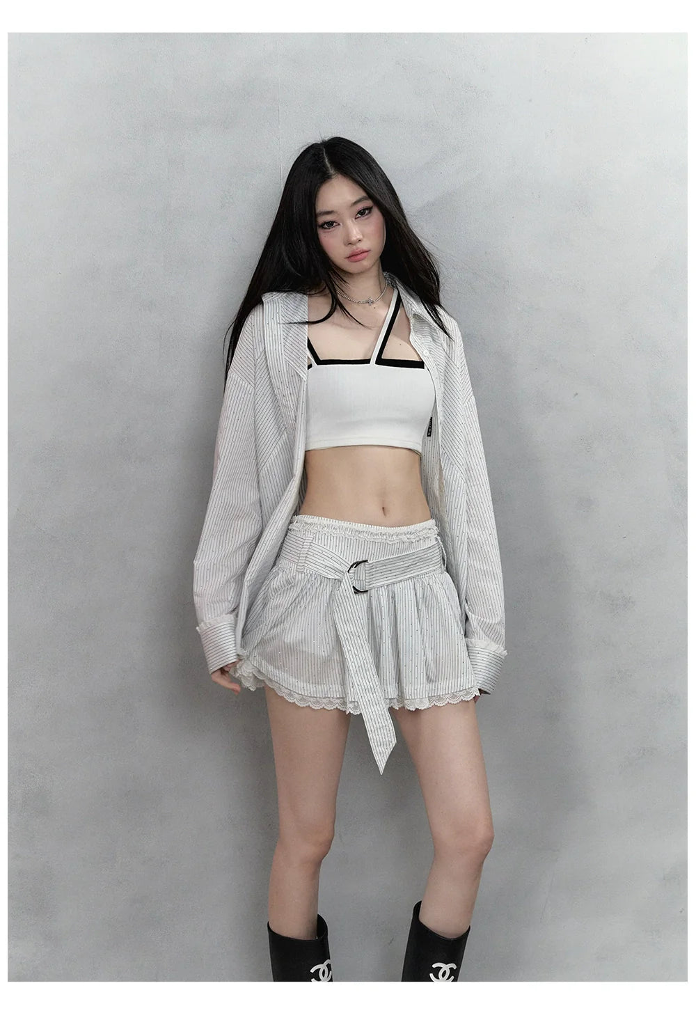 Shiny Rhinestone Striped Lace Patchwork Shirt & Skirt - CHINASQUAD