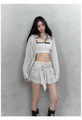 Shiny Rhinestone Striped Lace Patchwork Shirt & Skirt - CHINASQUAD