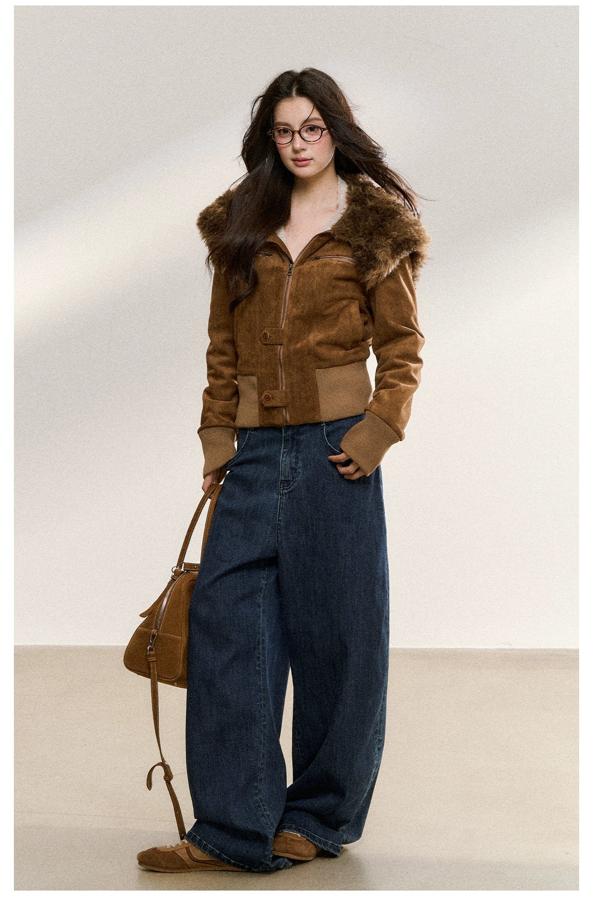 Mahogany Faux Fur Collar Suede Cropped Jacket - CHINASQUAD