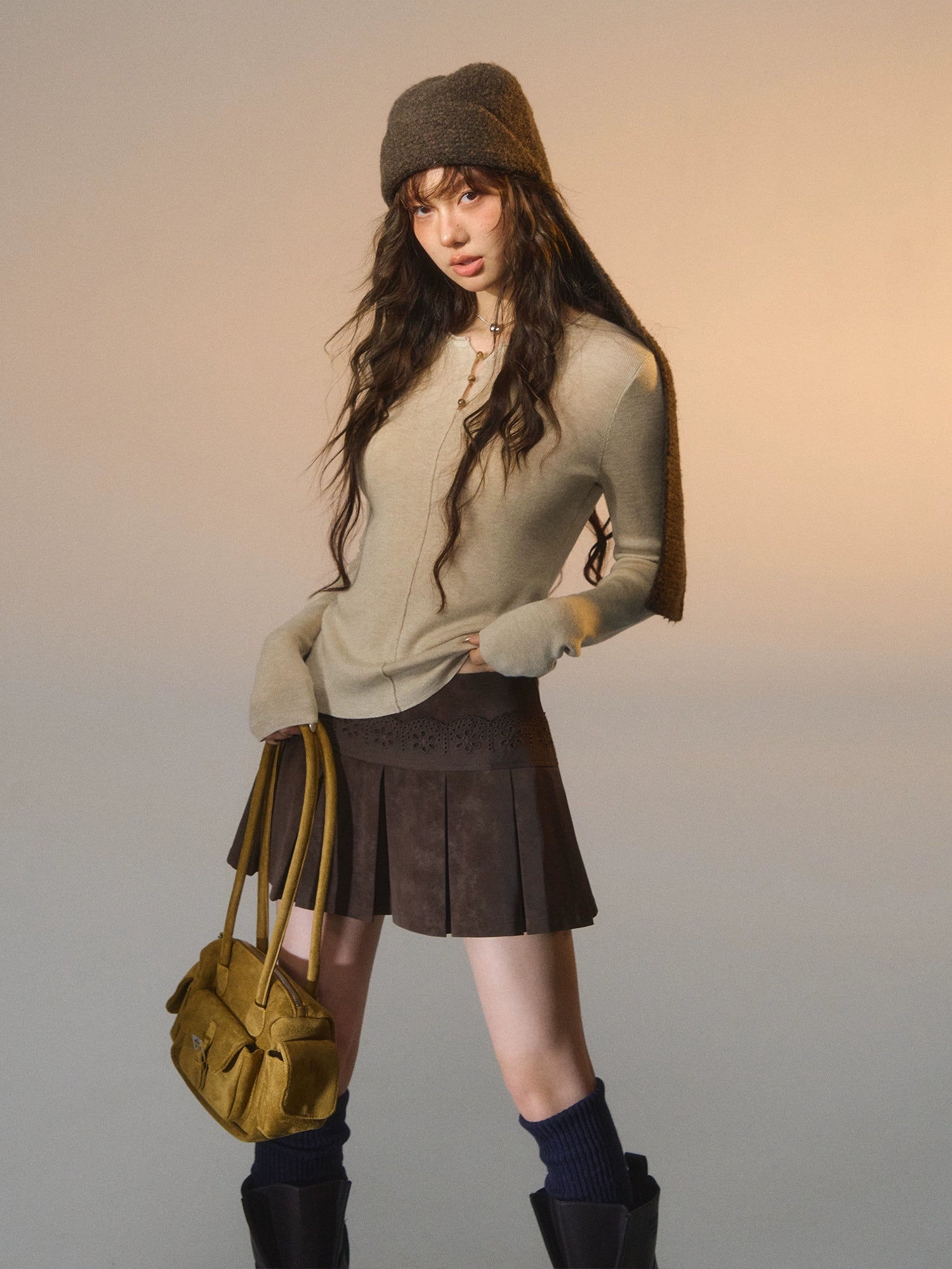 Lace-Trimmed Velvet Pleated Faux Leather Mini Skirt - CHINASQUAD