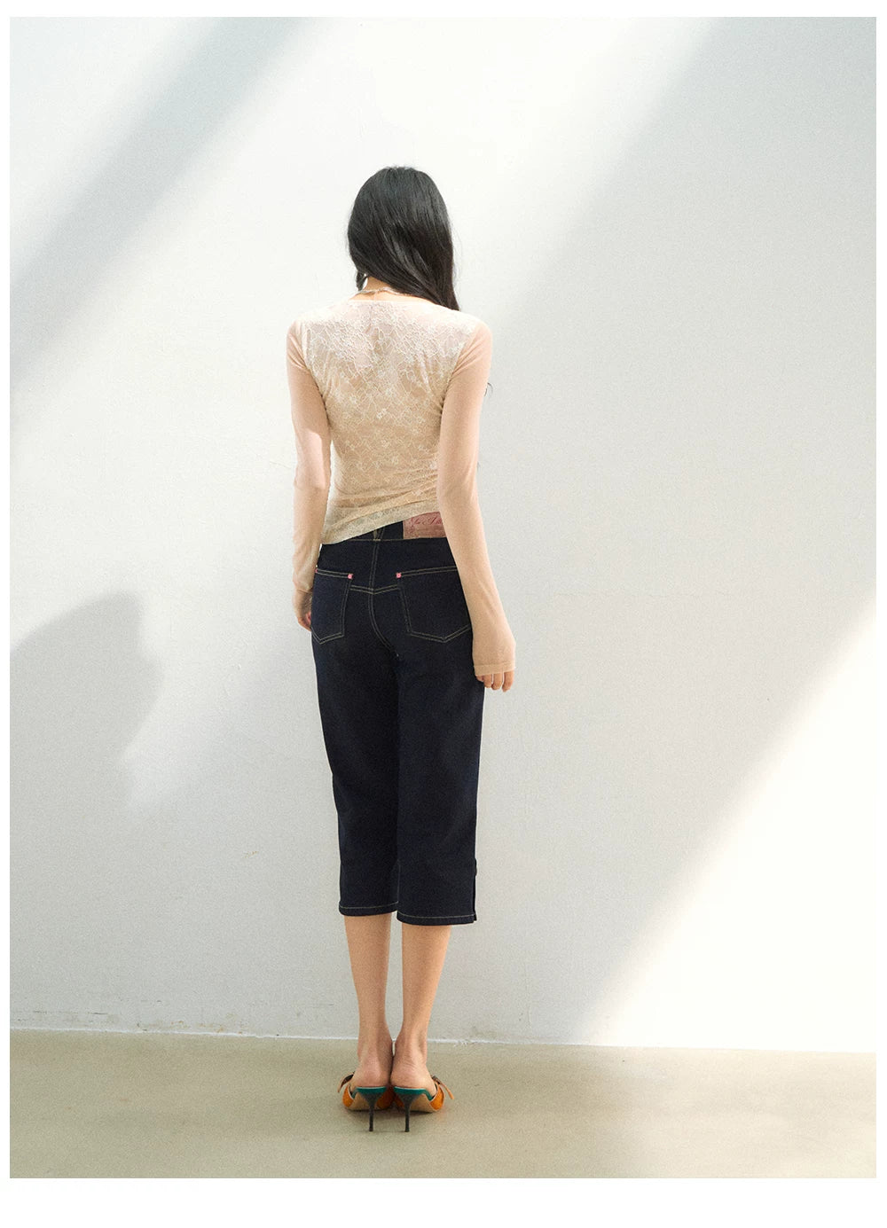 Lace Mesh Ruched Long Sleeve T-Shirts