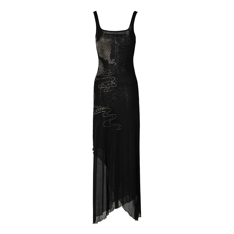 Noir Dragon Crystal Mesh Maxi Dress