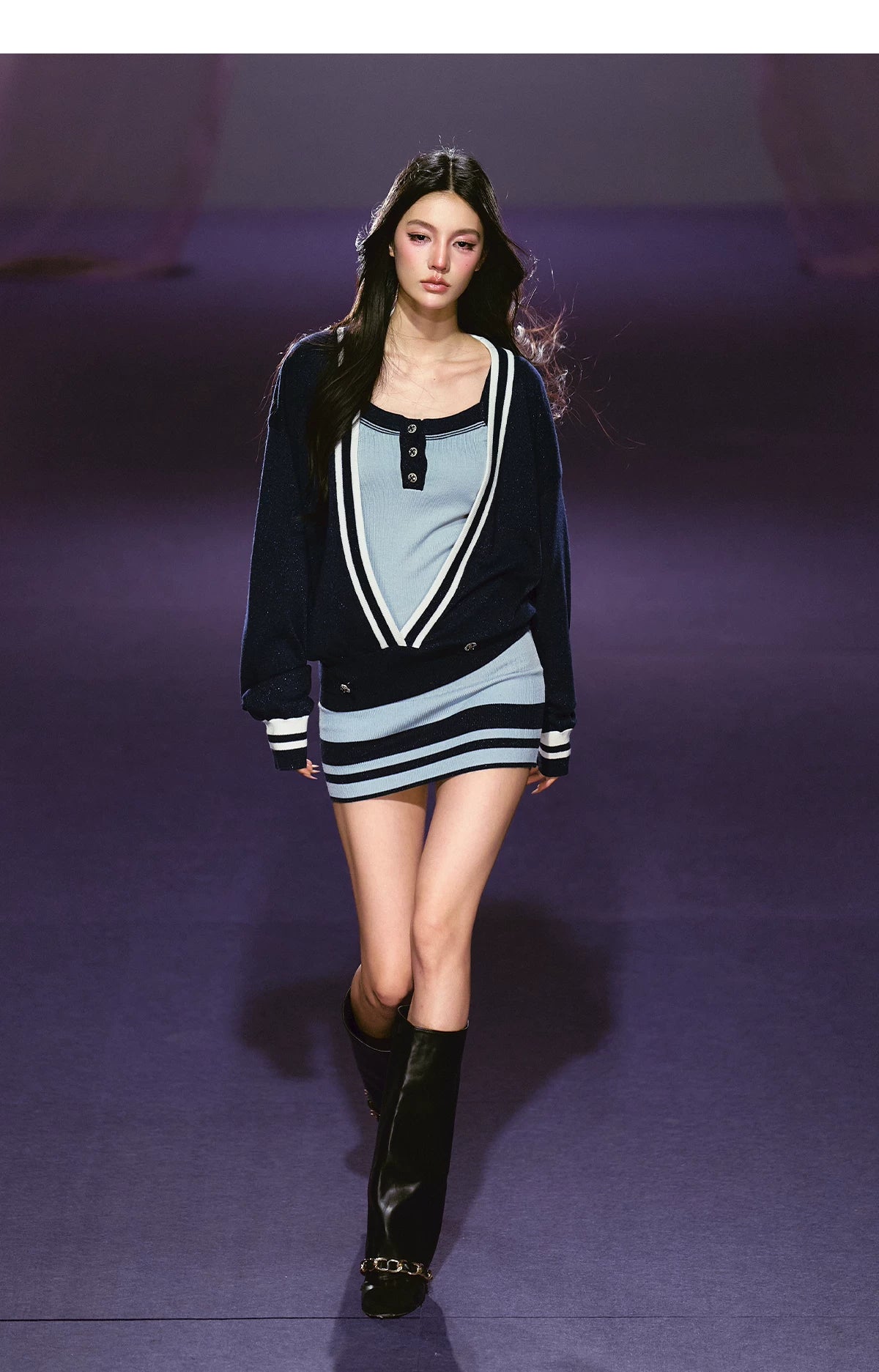 Striped Deep V Knit Dress & Cardigan Set