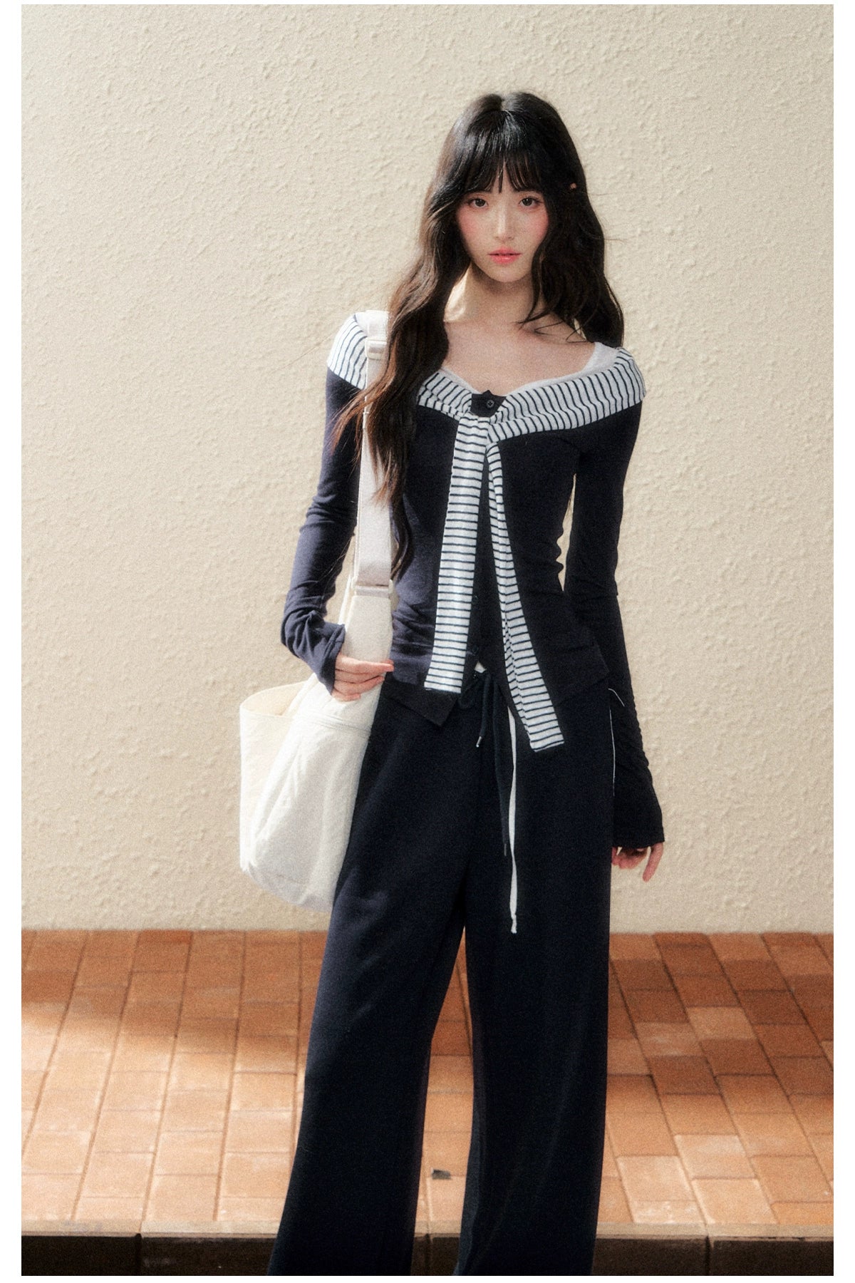 Navy Sailor-Collar Contrast Stripe Knit T-shirt - CHINASQUAD