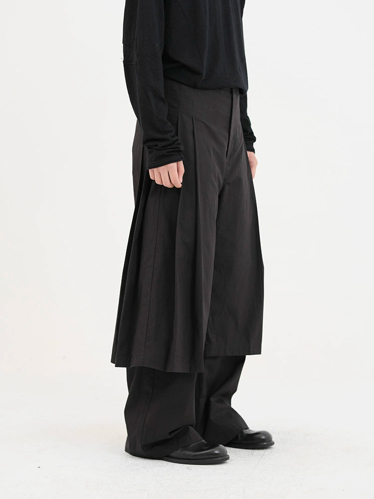 Black & Dark Brown Double-Pleated Skirt Pants - CHINASQUAD