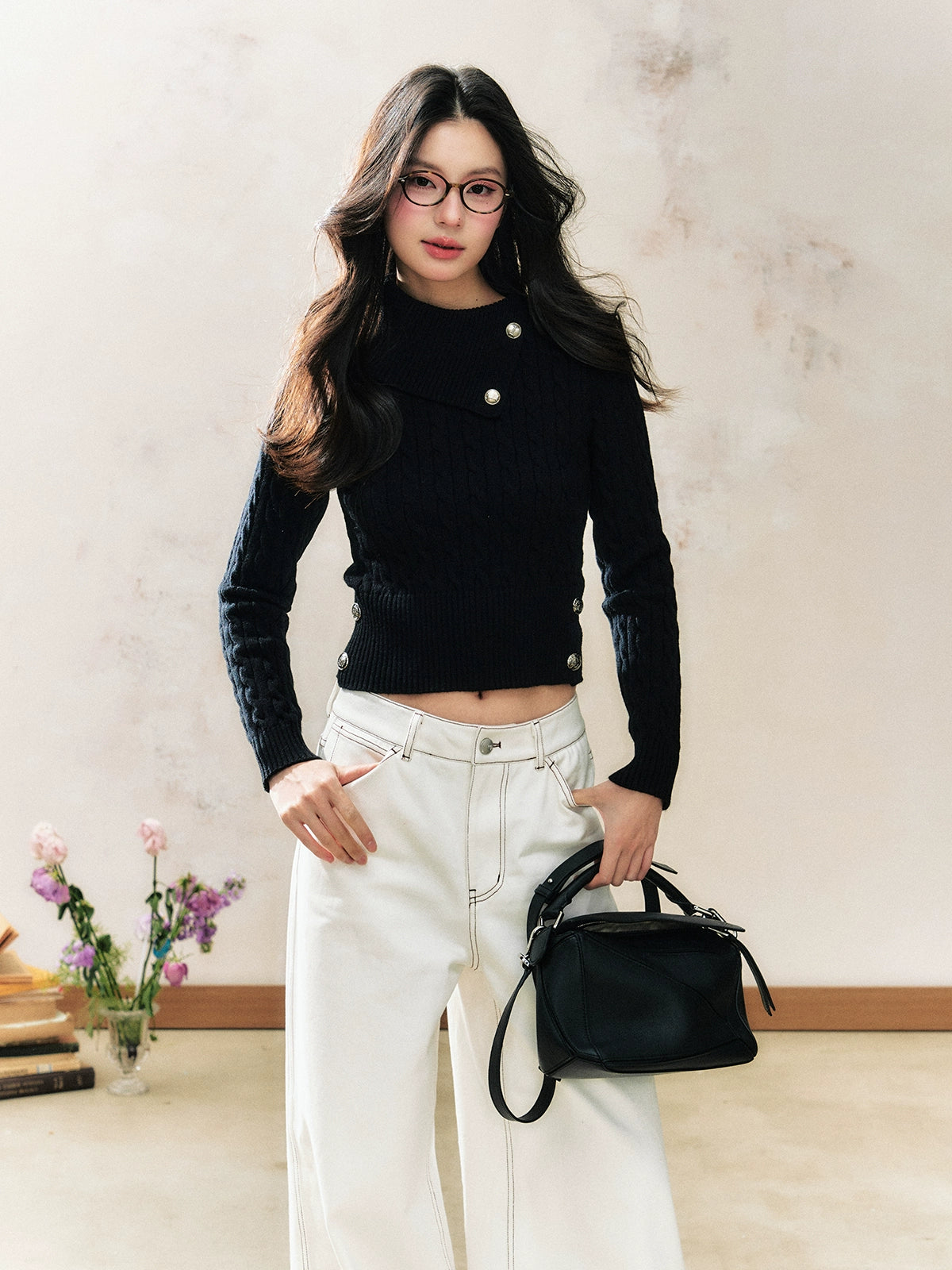 Black Button Sweater Inner Fitted Top - CHINASQUAD