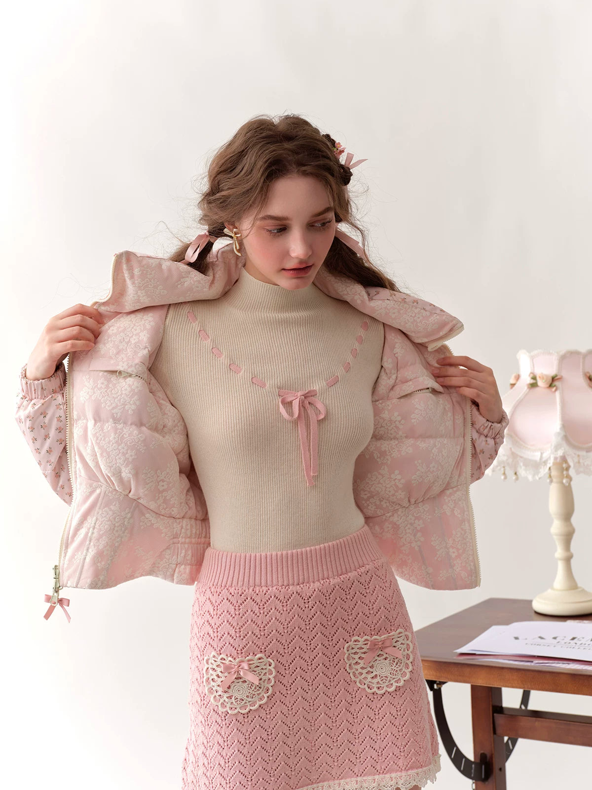 Collegiate White Mock-Neck Knit Top & Skirt Set