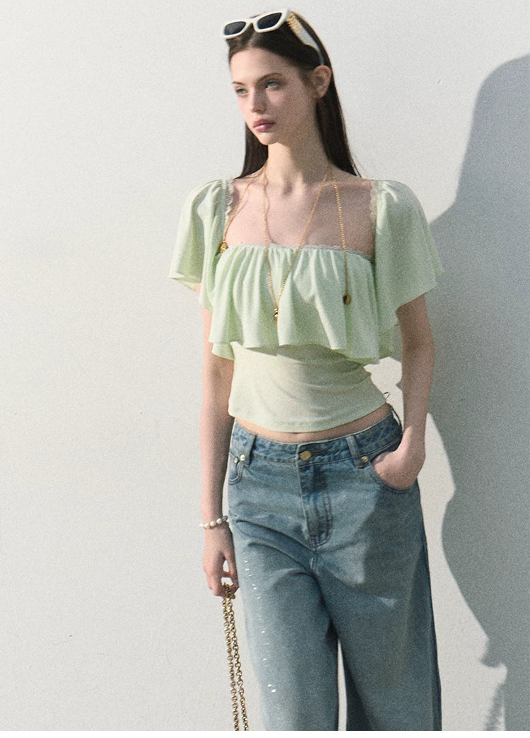 Mint Dream Shimmer Off-Shoulder T-Shirt