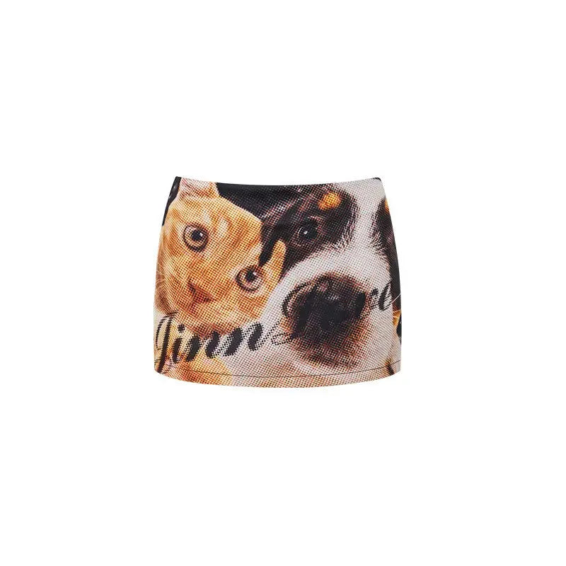 Big Nose Dog & Lap Cat Satin Printed Mini Skirt - CHINASQUAD