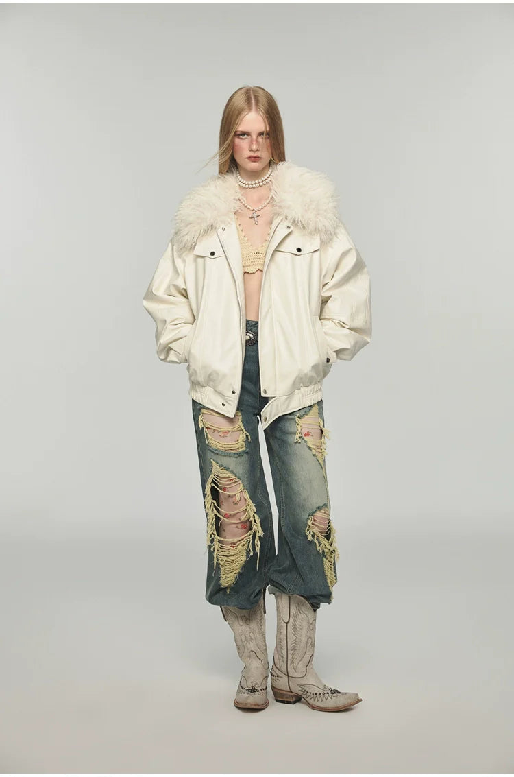 Removable Fur Collar Windproof Leather Jacket - CHINASQUAD