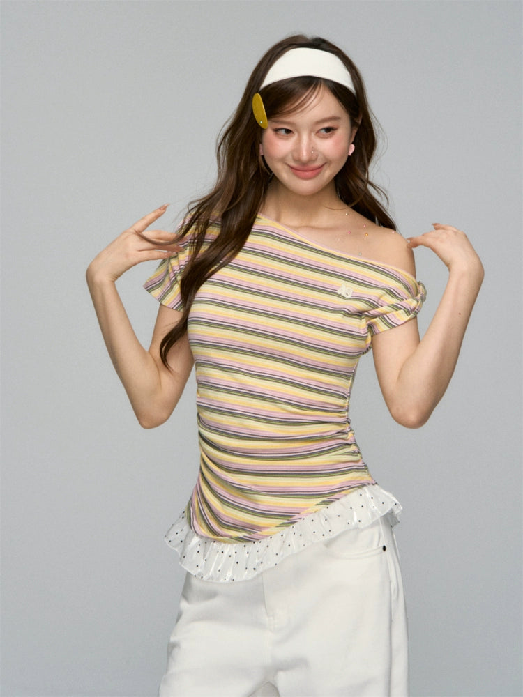 Striped Lace-Spliced Asymmetric-Shoulder T-shirt - CHINASQUAD