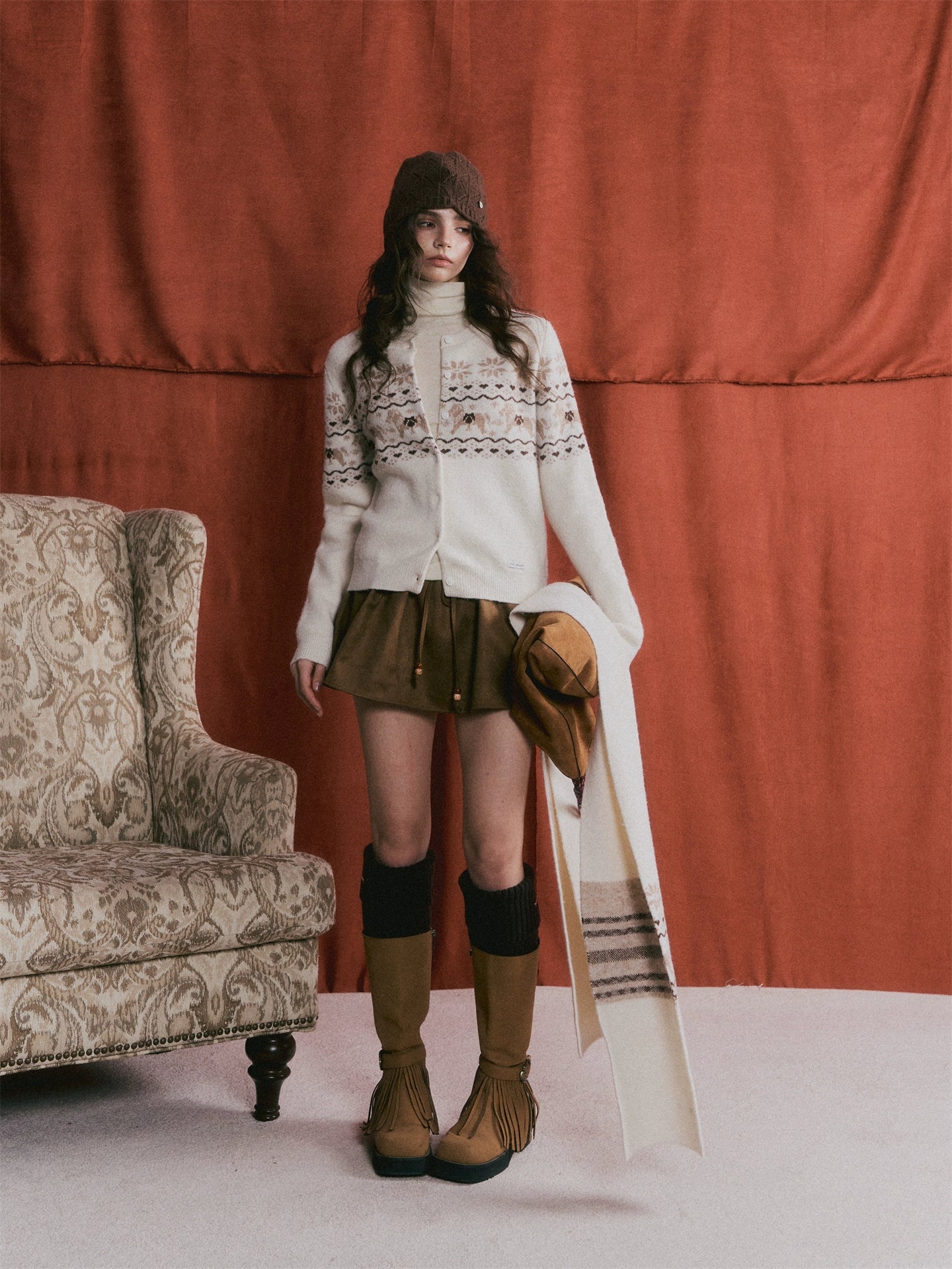 Fair Isle Wool-Blend Knit Cardigan & Scarf Set