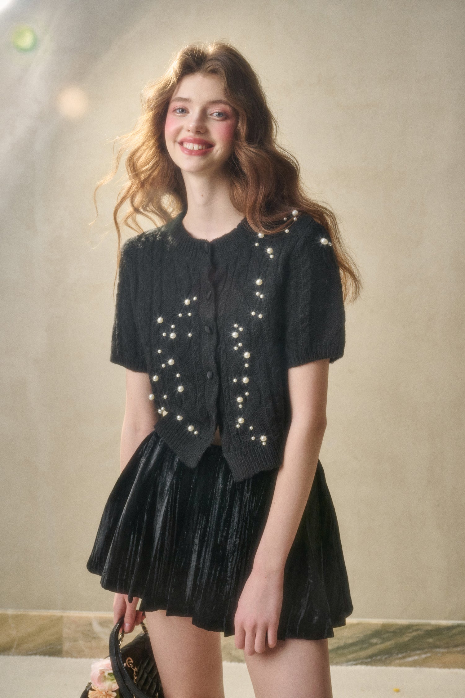 Velvet Floral Pleated Skirt - CHINASQUAD