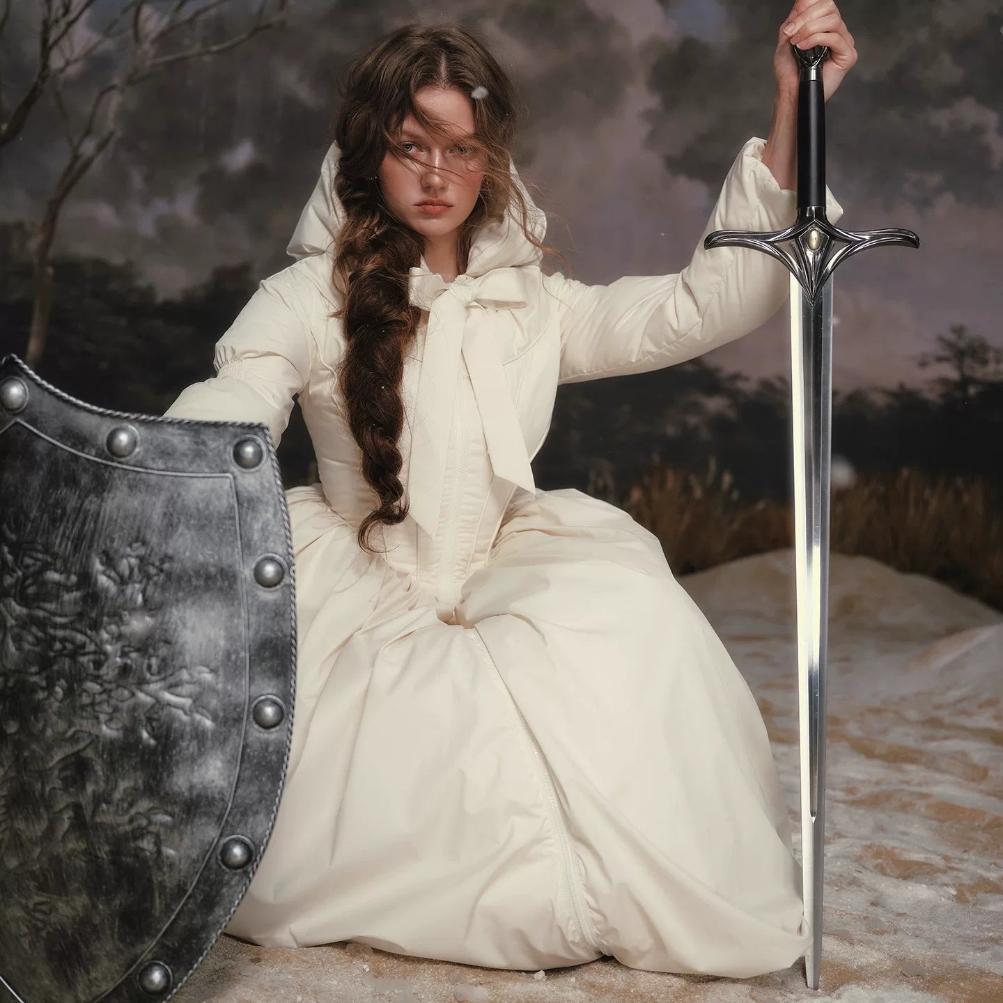 French Tailored Cinched-Waist Long Down Coat