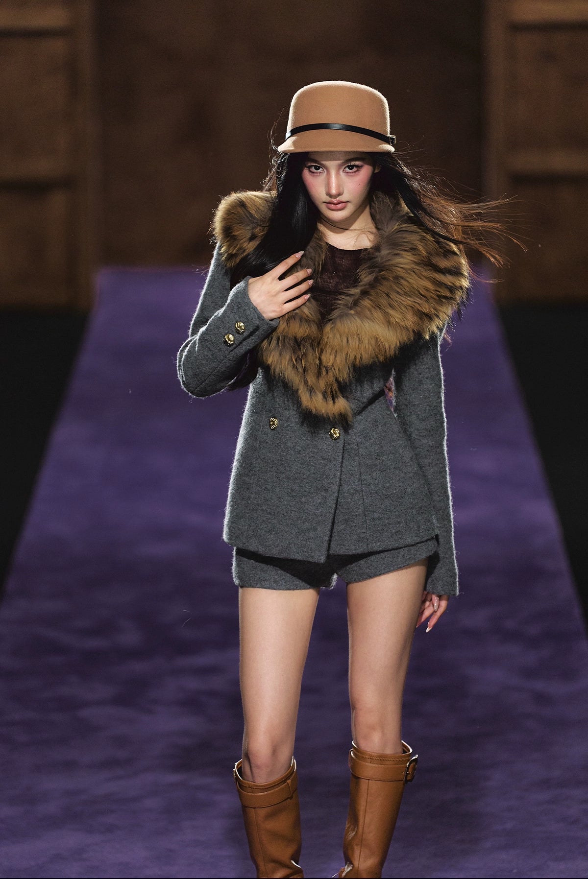 Detachable Fur Collar Wool Tailored Blazer & Shorts Set