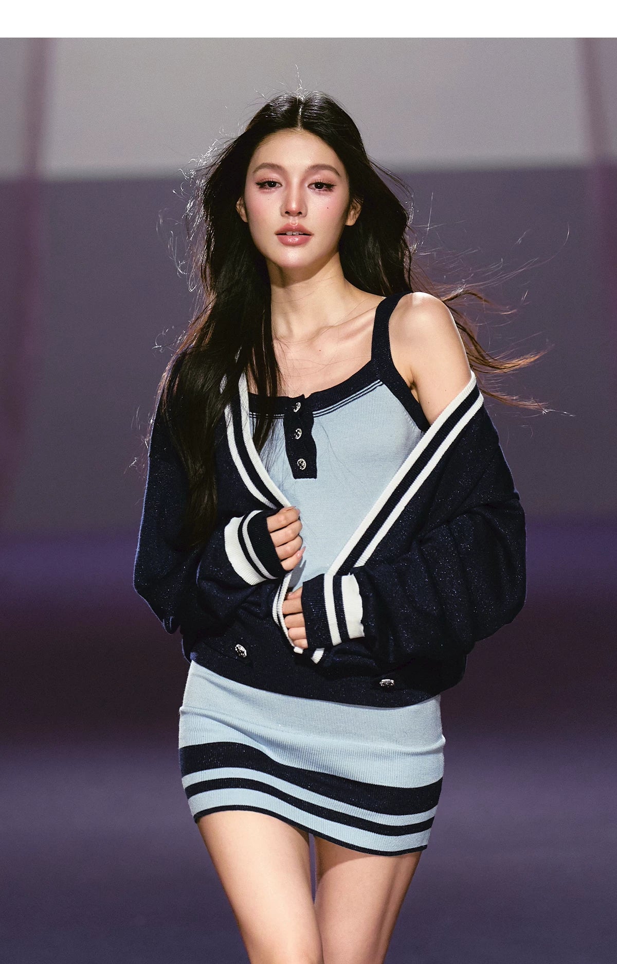 Striped Deep V Knit Dress & Cardigan Set