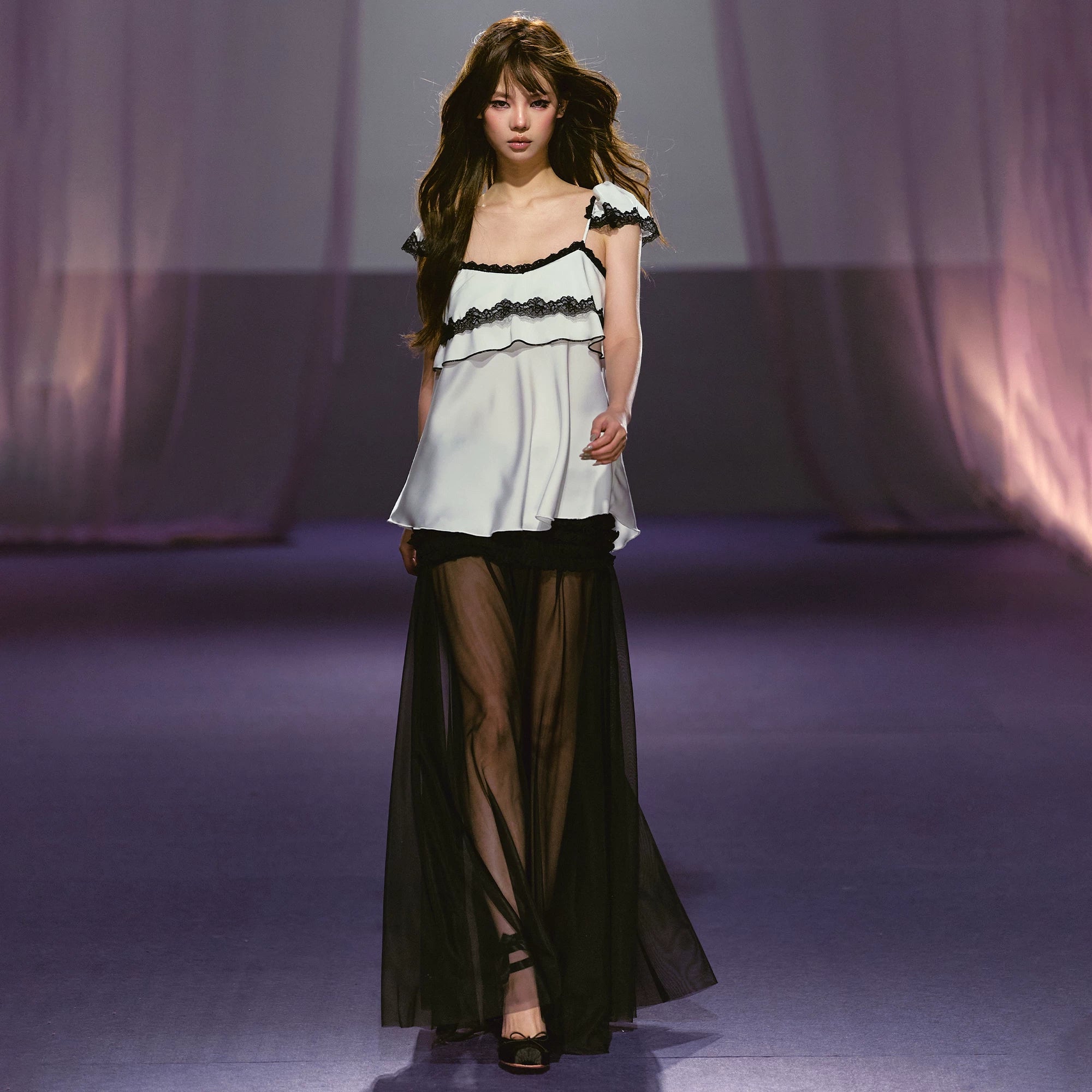 Ruched Semi-Sheer Mesh Maxi Skirt